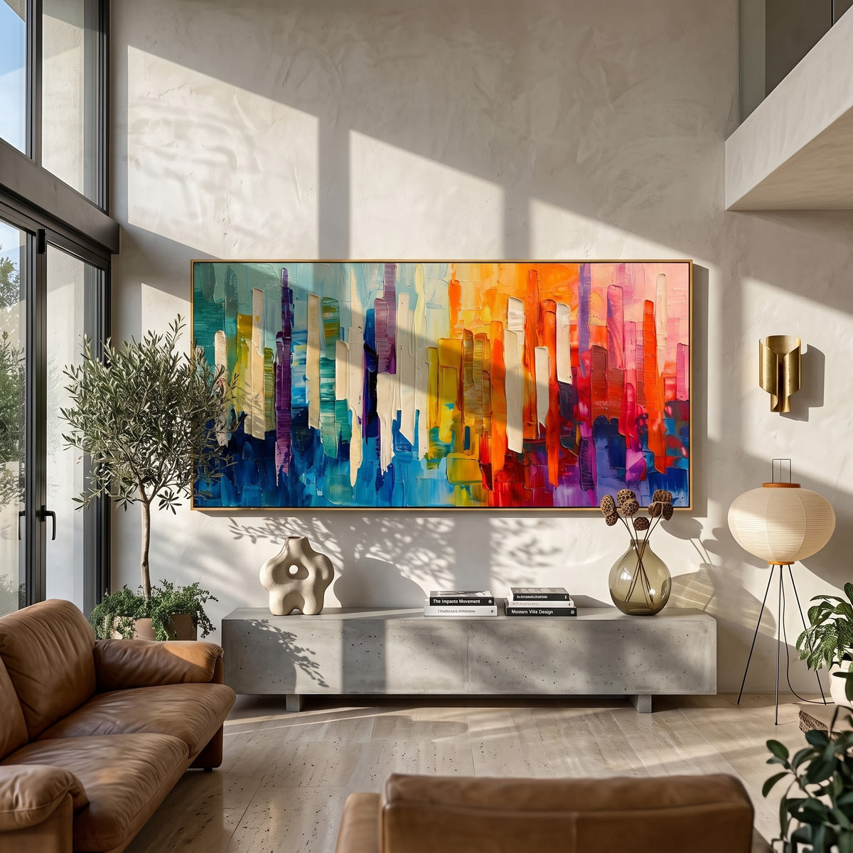 "Chromatic Skyline" - Colorful Abstract Cityscape Painting | Rainbow Vertical Forms Wall Art
