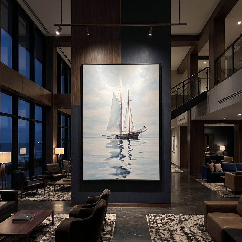 "Stillwater Sail" - Minimalist White Sailboat Painting | White Blue Grey Vertical Coastal Wall Art