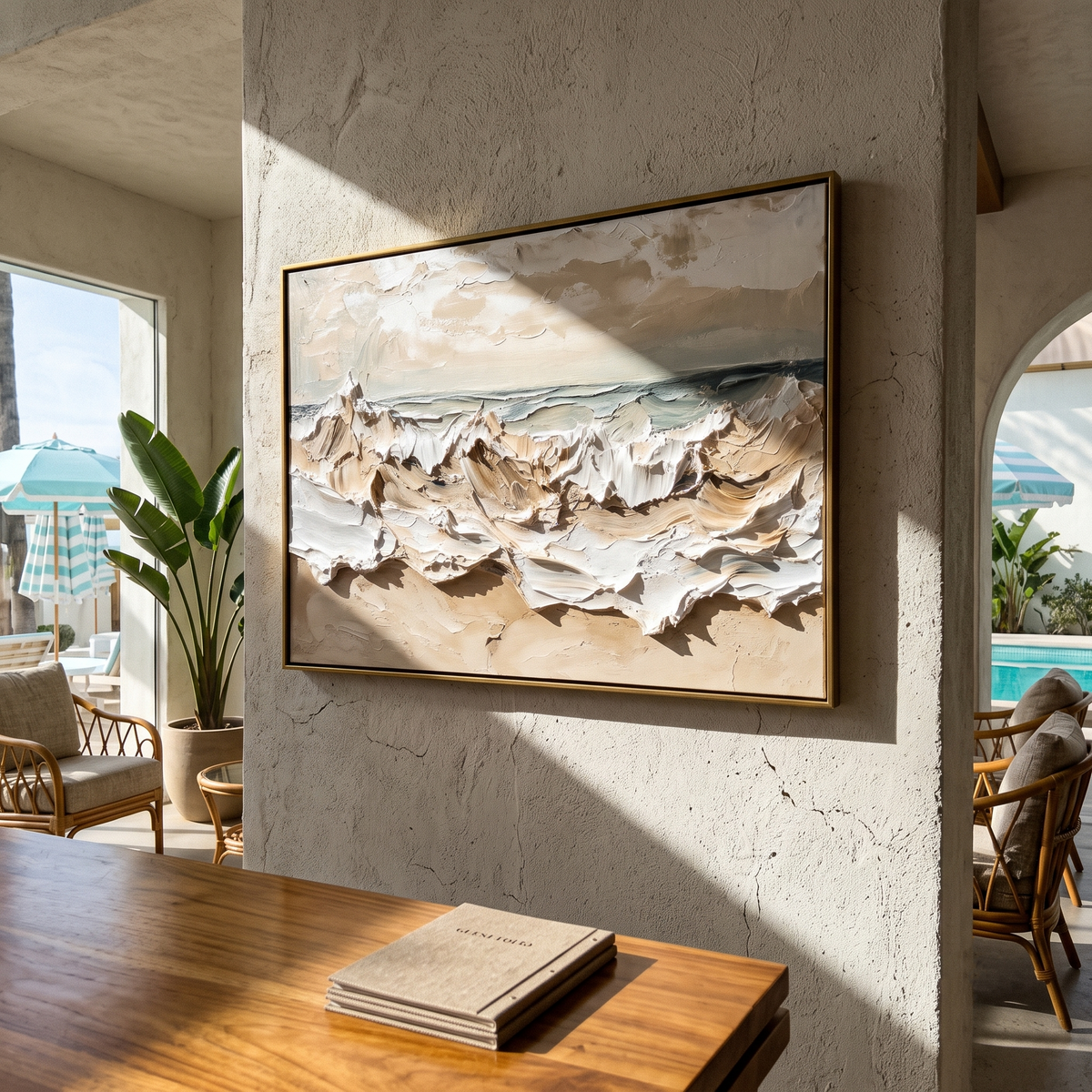 "Tide Relief" - 3D Wabi-Sabi Ocean Wave Plaster Art | Beige White & Blue Textured Seascape