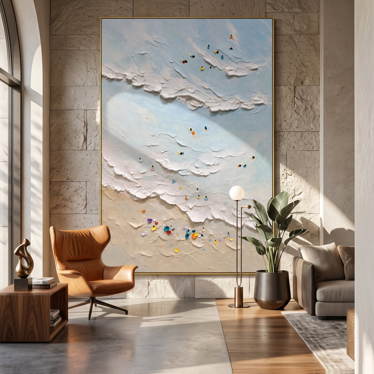 "Tidal Texture" - Textured Beach and Wave Relief | Blue White Beige Vertical Coastal Wall Art