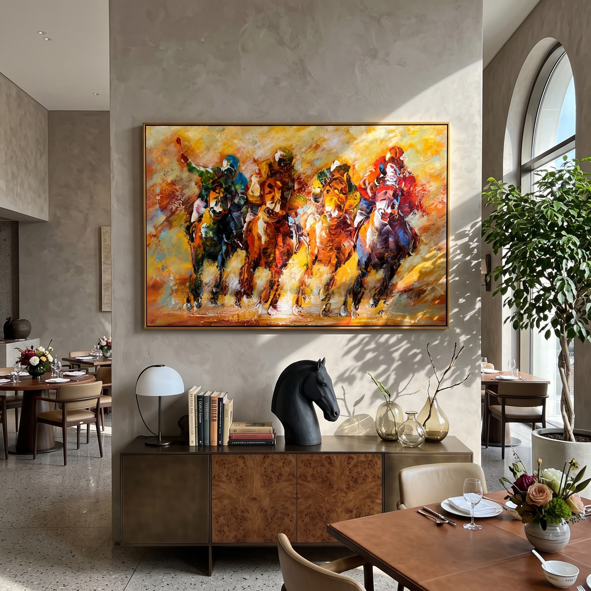 "Copper Gallop" - Golden Horse Riders Painting | Gold Brown Orange Horizontal Animal Wall Art