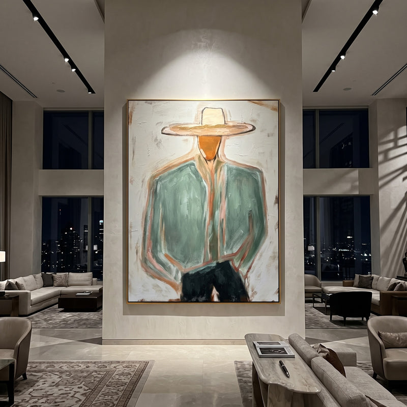 "Warm Desert Cowboy" – Expressive Sculptural Art | 3D Layered Sage Green & Ochre Canvas | Luxury Vertical Wall Art #PE 010
