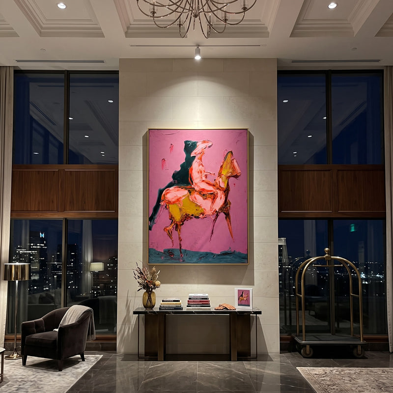 "Abstract Horse and Rider" – Tactile Expressionist Artwork | Bold Pink & Warm Earth Tones Impasto Wall Decor | Contemporary Vertical Statement Piece#AB 002