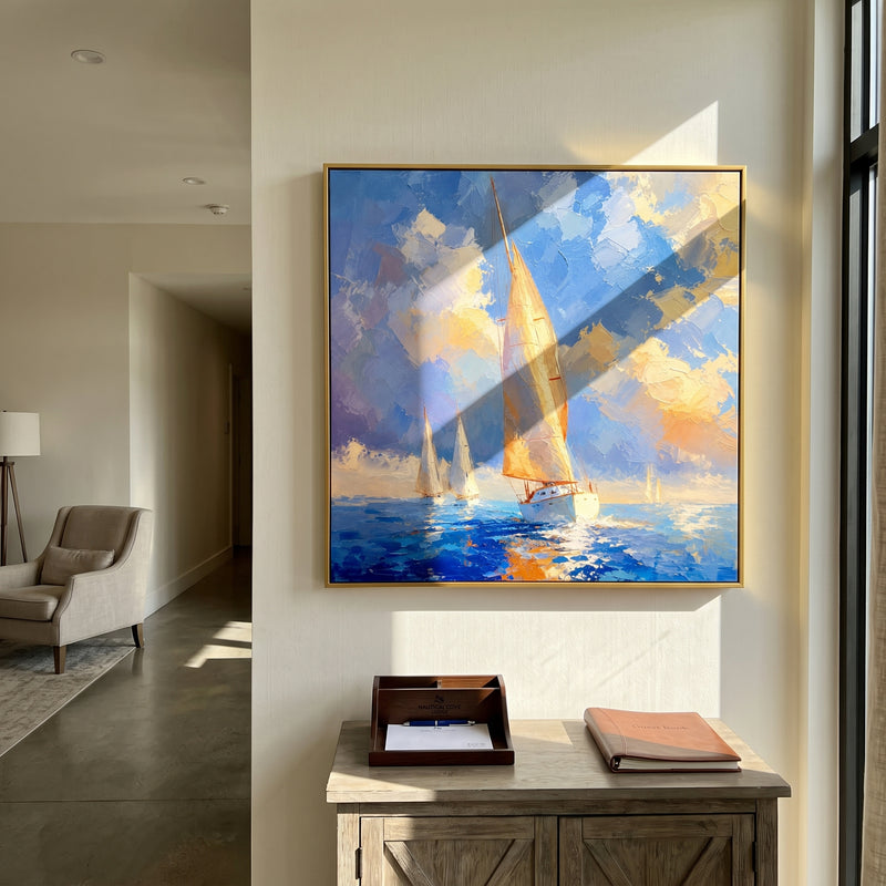 "Golden Course" - Sunlit Sailboat Impasto Painting | Blue Gold Yellow Vertical Coastal Wall Art