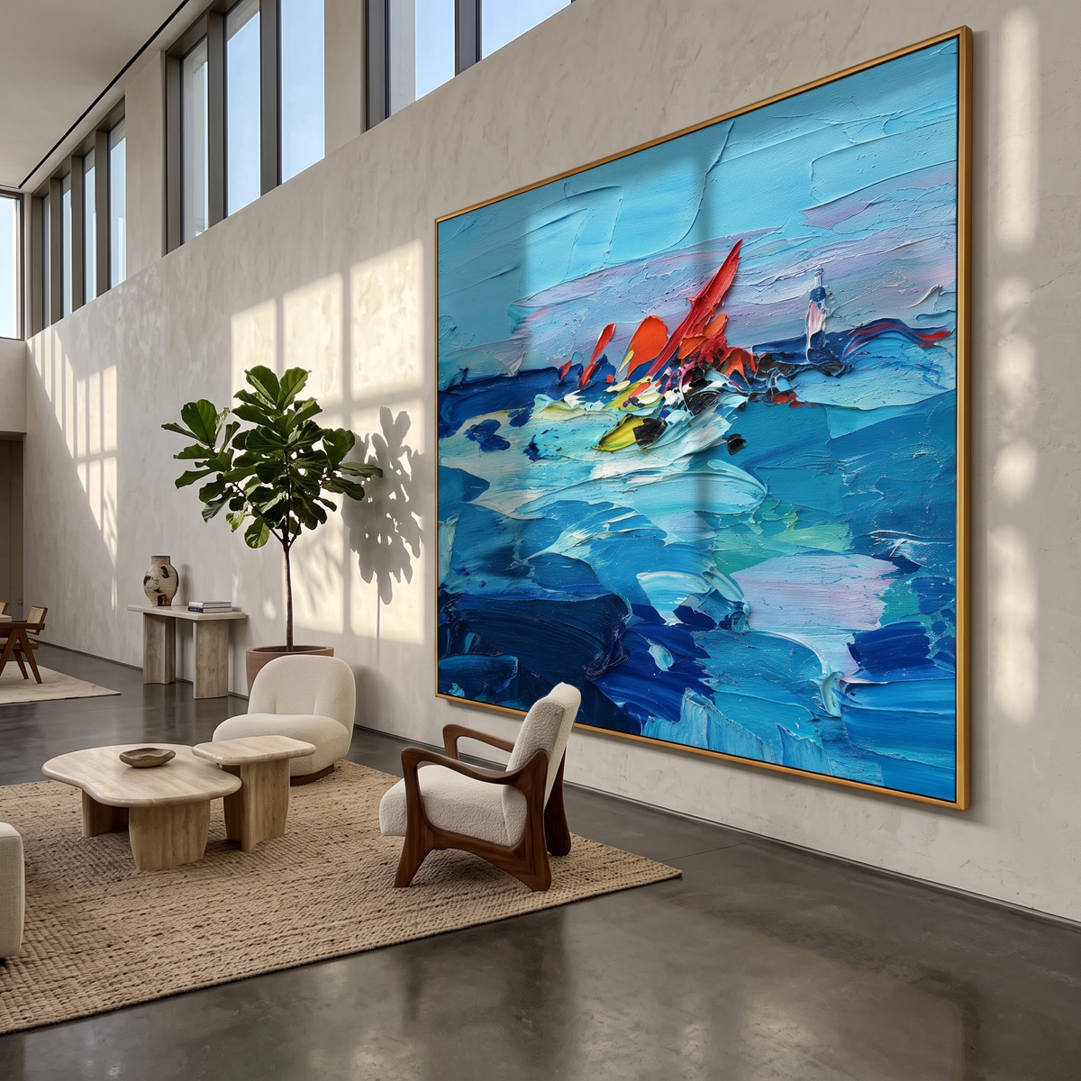 "Blue Current" - Colorful Impasto Ocean Painting | Blue Red & Yellow Seascape Wall Art