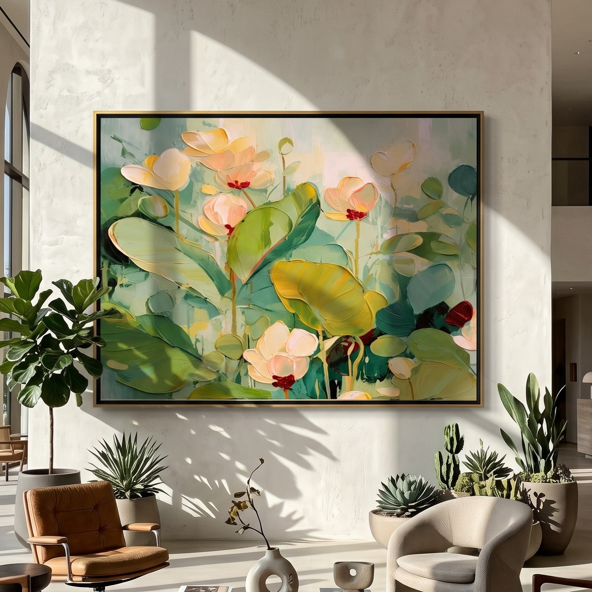 "Lotus Morning" - Soft Floral Water Lily Painting | Green White & Pink Botanical Wall Art