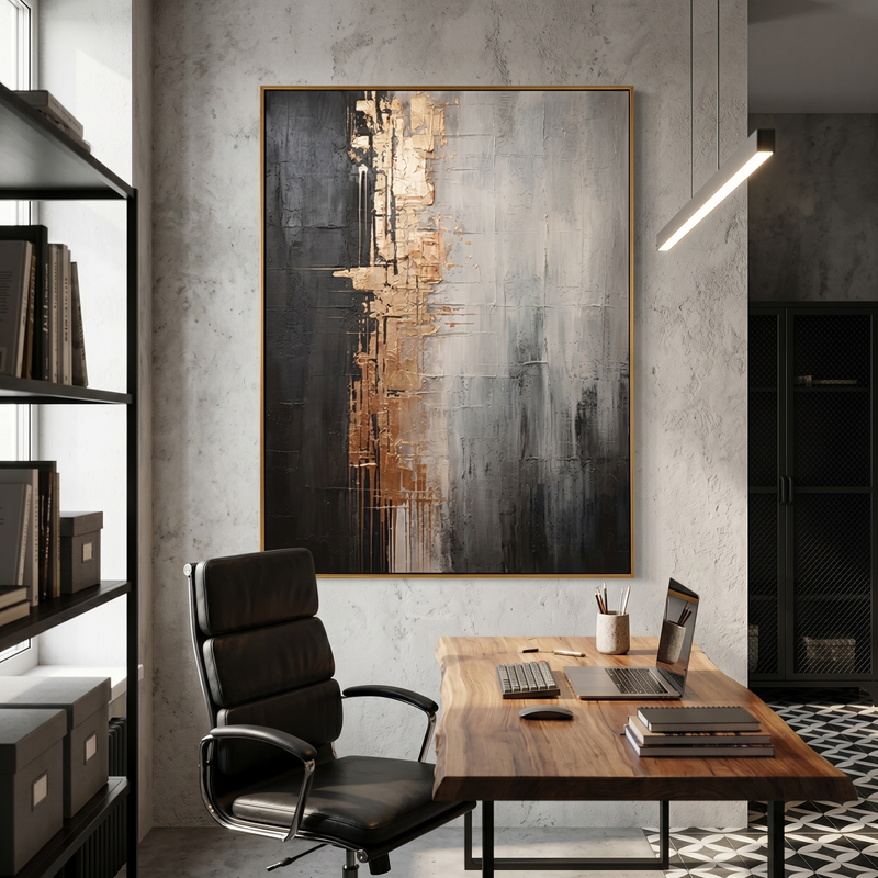 "Gilded Fissure" – Industrial Gold & Charcoal Abstract Oil Painting | Sophisticated Executive Office Art