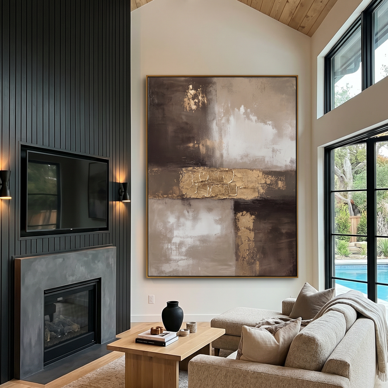 "Gilded Strata" – Industrial Wabi-Sabi Gold Leaf Abstract Painting | Sophisticated Study Statement Art