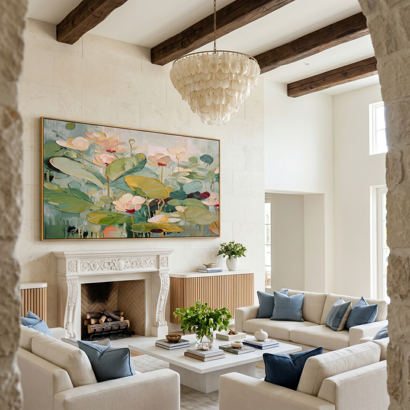 "Botanical Serenity" – Impressionist Lotus Floral Impasto Canvas Art | Elegant Dining Room Decor