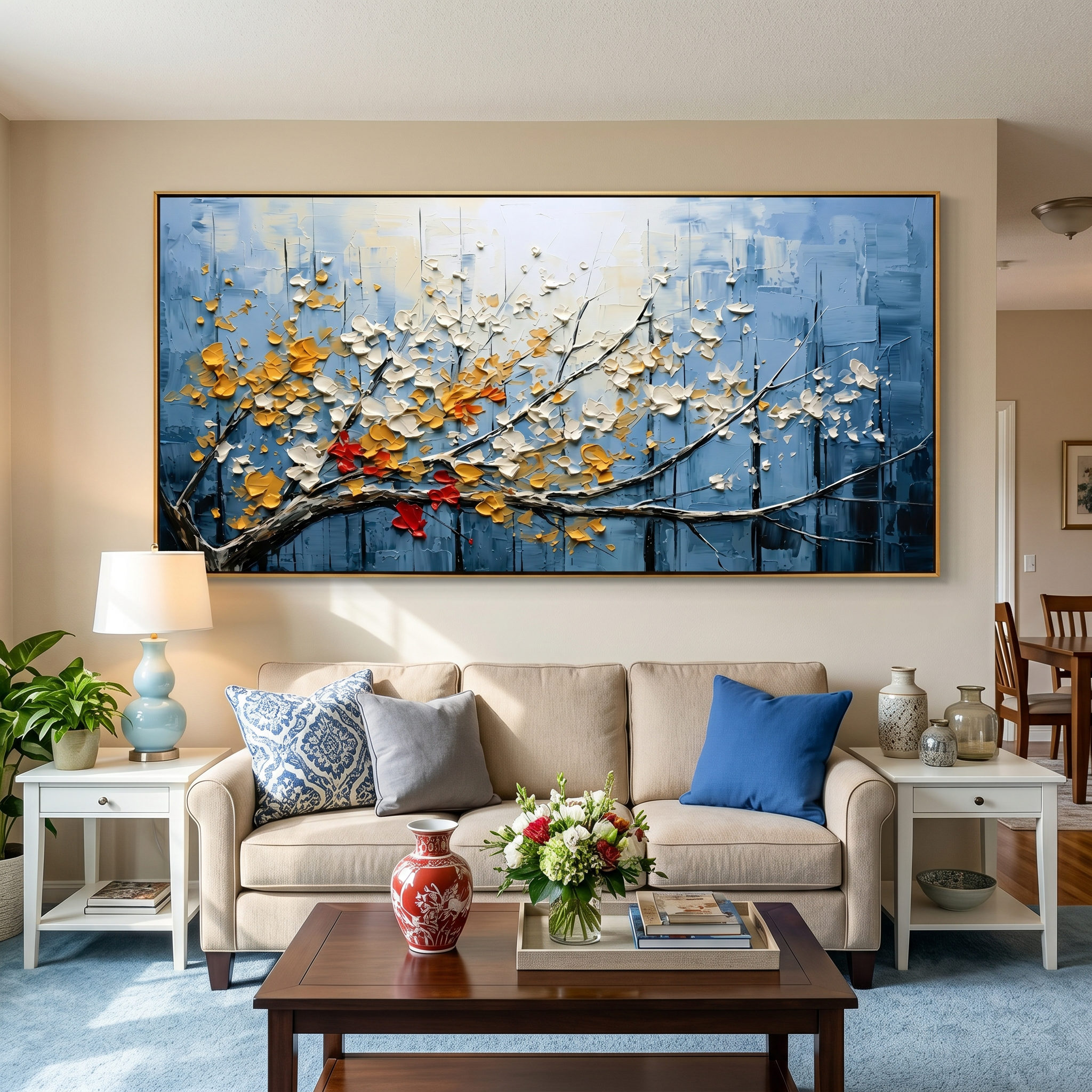 "Golden Breath" – Impressionist Textured Blossom Branch | Serene Over-Sofa Statement Art