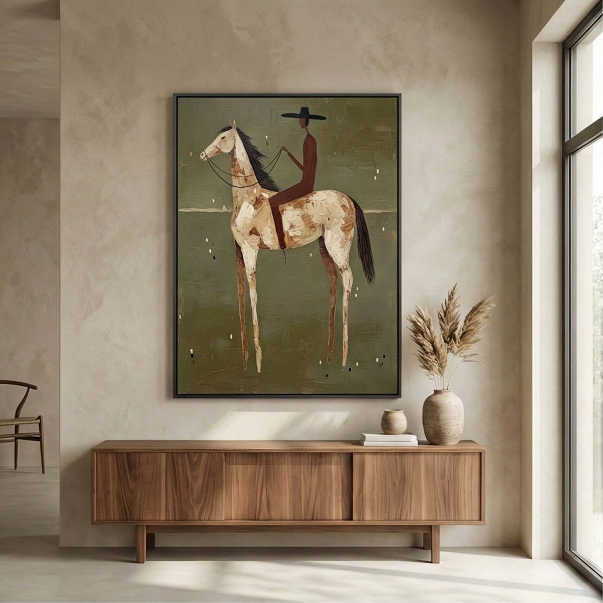 "Olive Solitude" - Modern Heavy Impasto Western Animal Artwork | Golden Palette Knife Painting | Luxury Vertical Wall Art #YK 1593