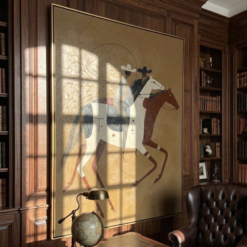 "The Lasso Partners" – Modern Heavy Impasto Western Art | 3D Ochre & Sienna Palette Knife Painting | Luxury Vertical Wall Art #AB 012