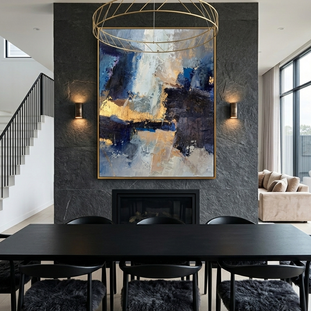 "Golden Abyss" – Modern Abstract Navy & Gold Impasto Oil Painting | Luxury Office Wall Art