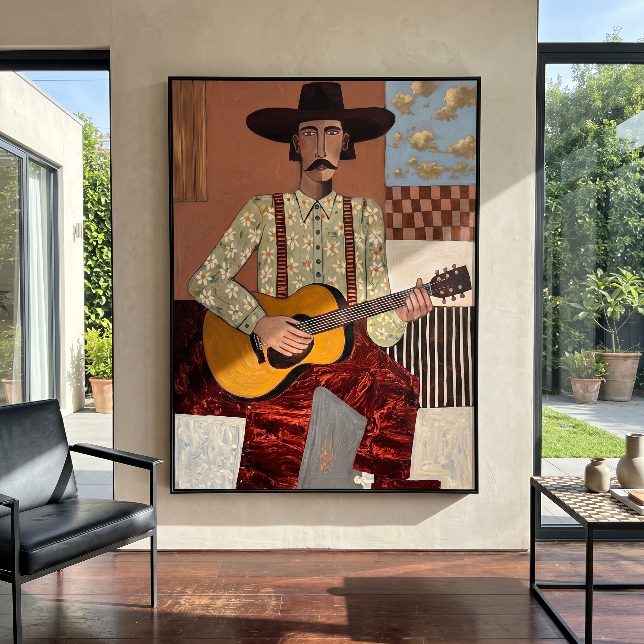 "The Western Balladeer" – Folk Impasto Portrait Art | 3D Terracotta & Sage Palette Knife Painting | Luxury Vertical Wall Art #PE 012