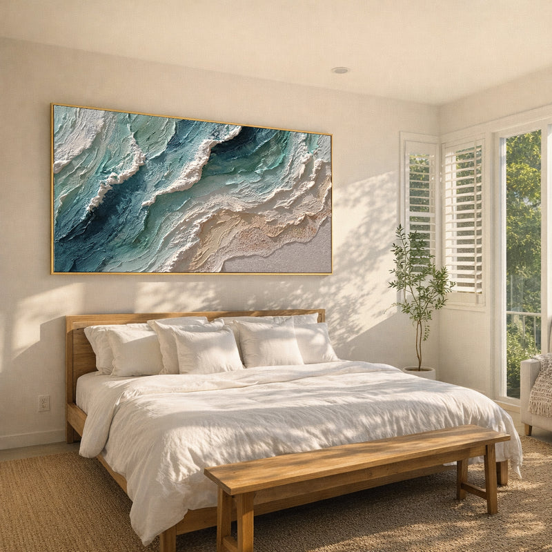 "Oceanic Pulse" – 3D Textured Abstract Wave Impasto Canvas Art | Relaxing Bedroom Wall Decor
