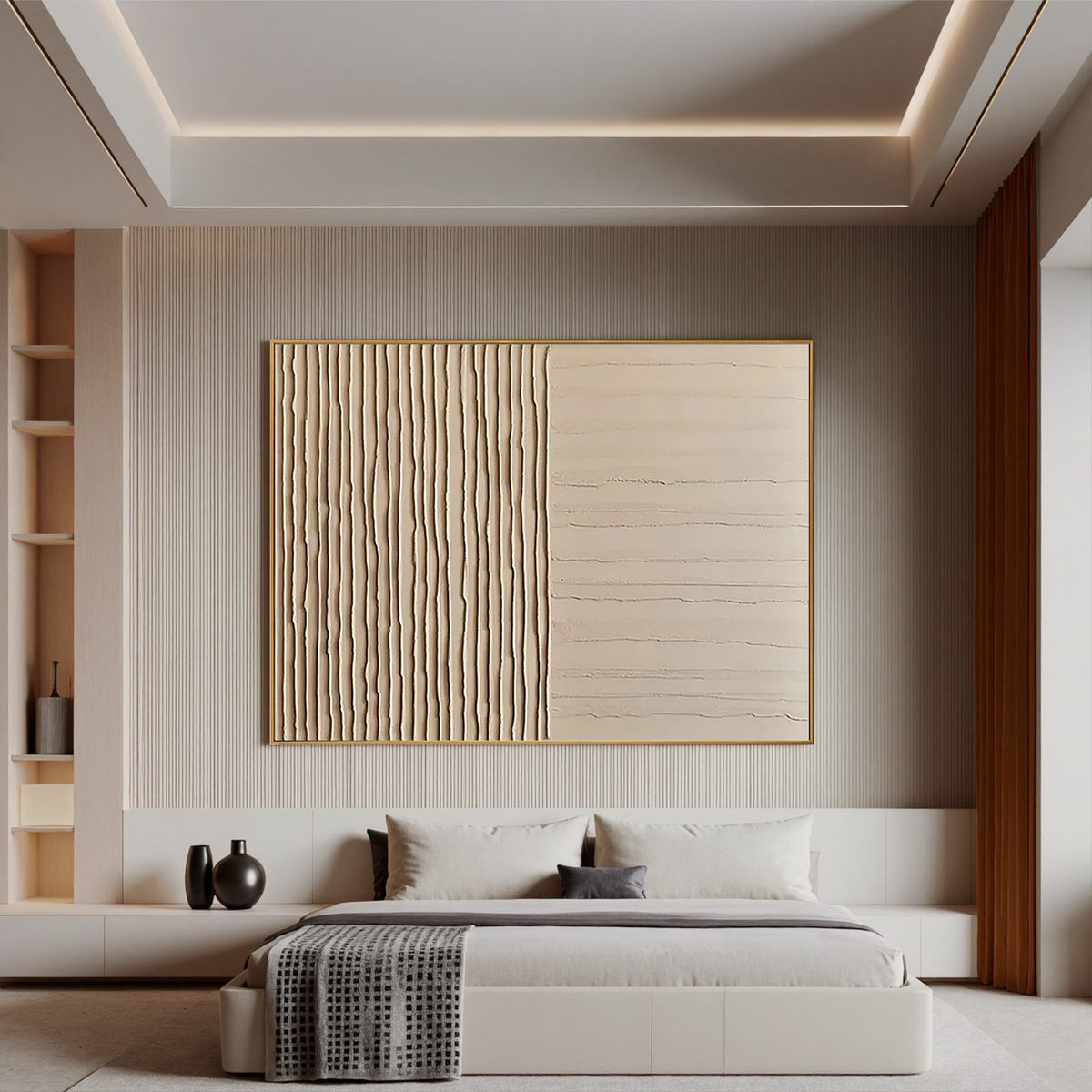 "Duality" - 3D Minimalist Dual-Texture Plaster Relief | Warm Beige Wabi-Sabi Statement Art
