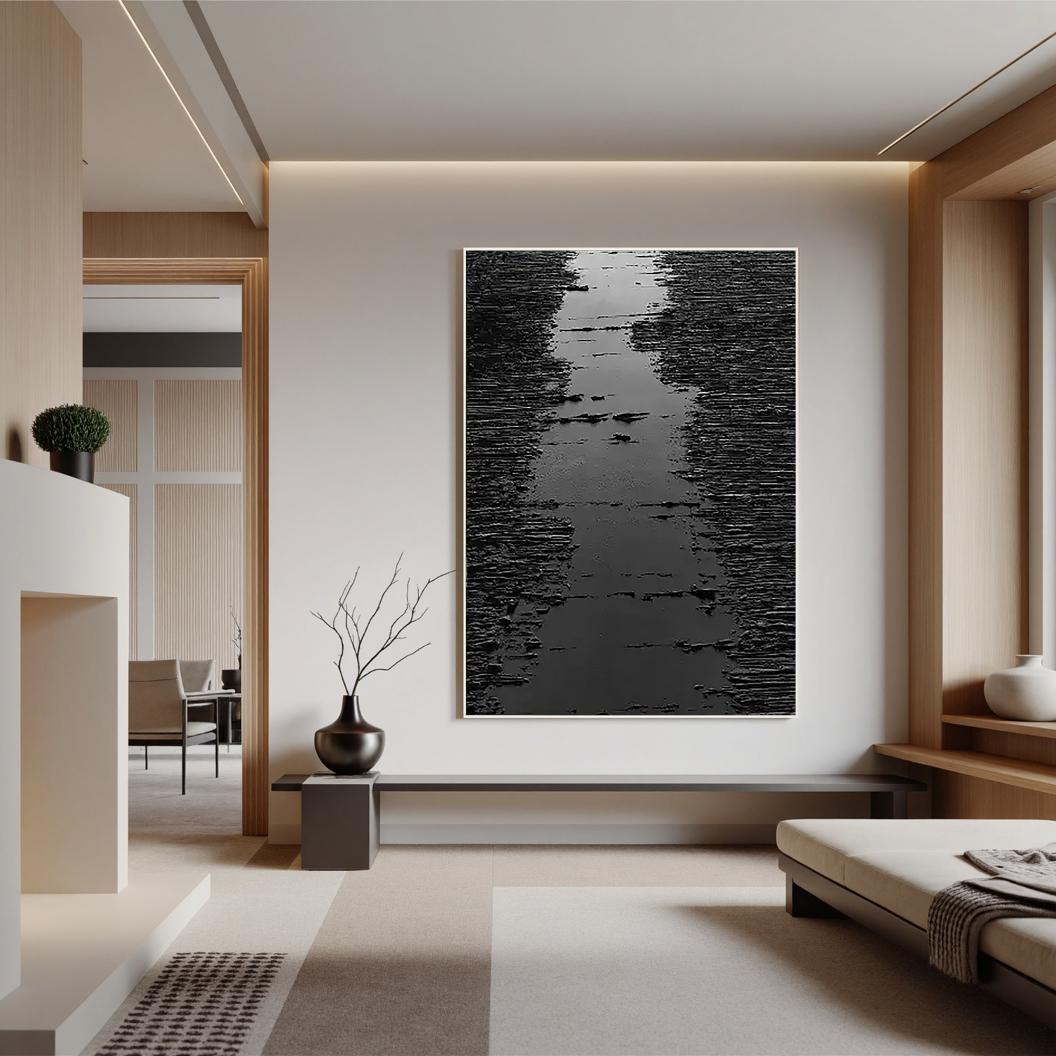 "Abstract Form" - 3D Heavy Impasto Plaster Relief | Black Plaster Texture Statement Art
