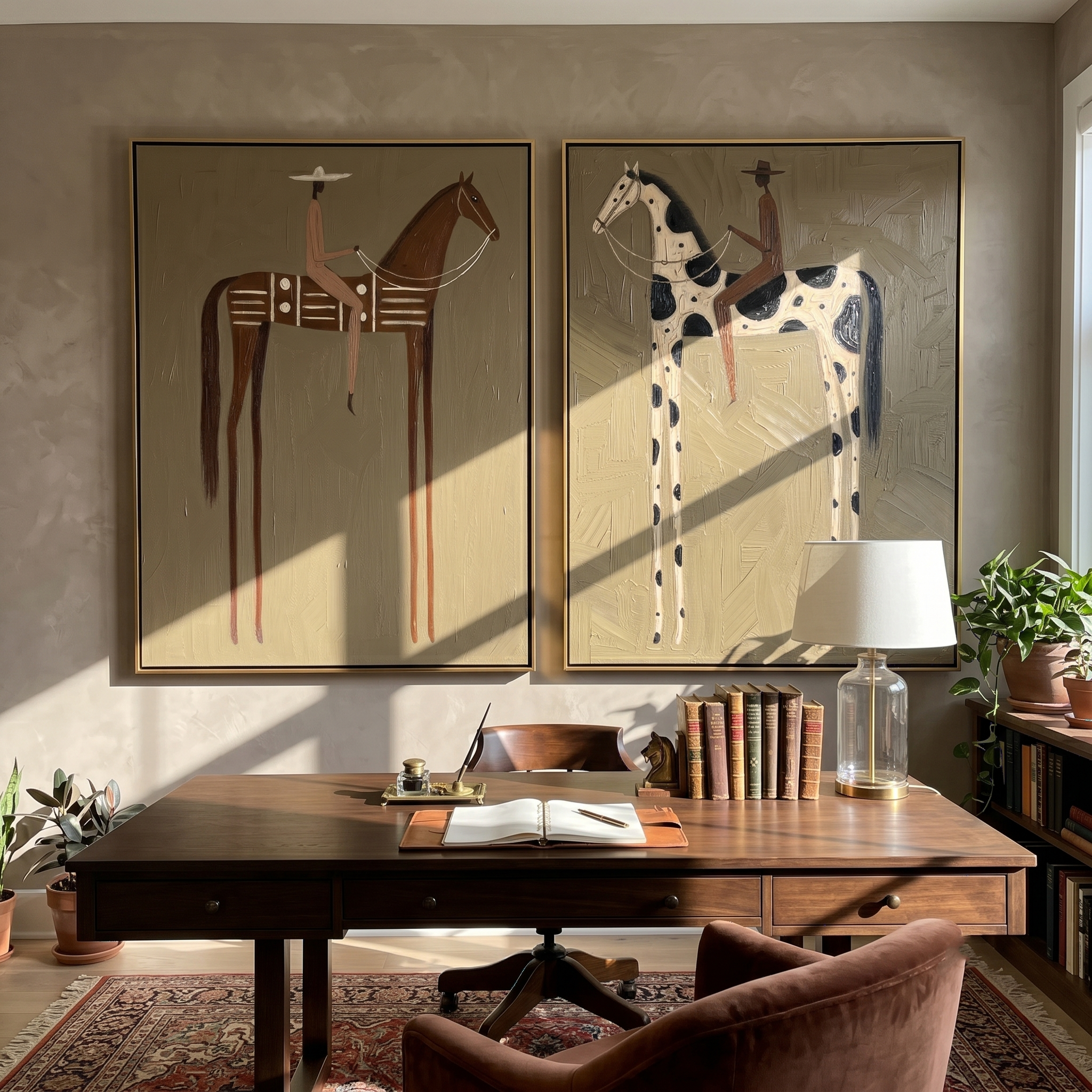"Whispering Riders" — 3D Textured Abstract Horse & Rider Wall Art Set | Ochre & Slate Diptych#VA604