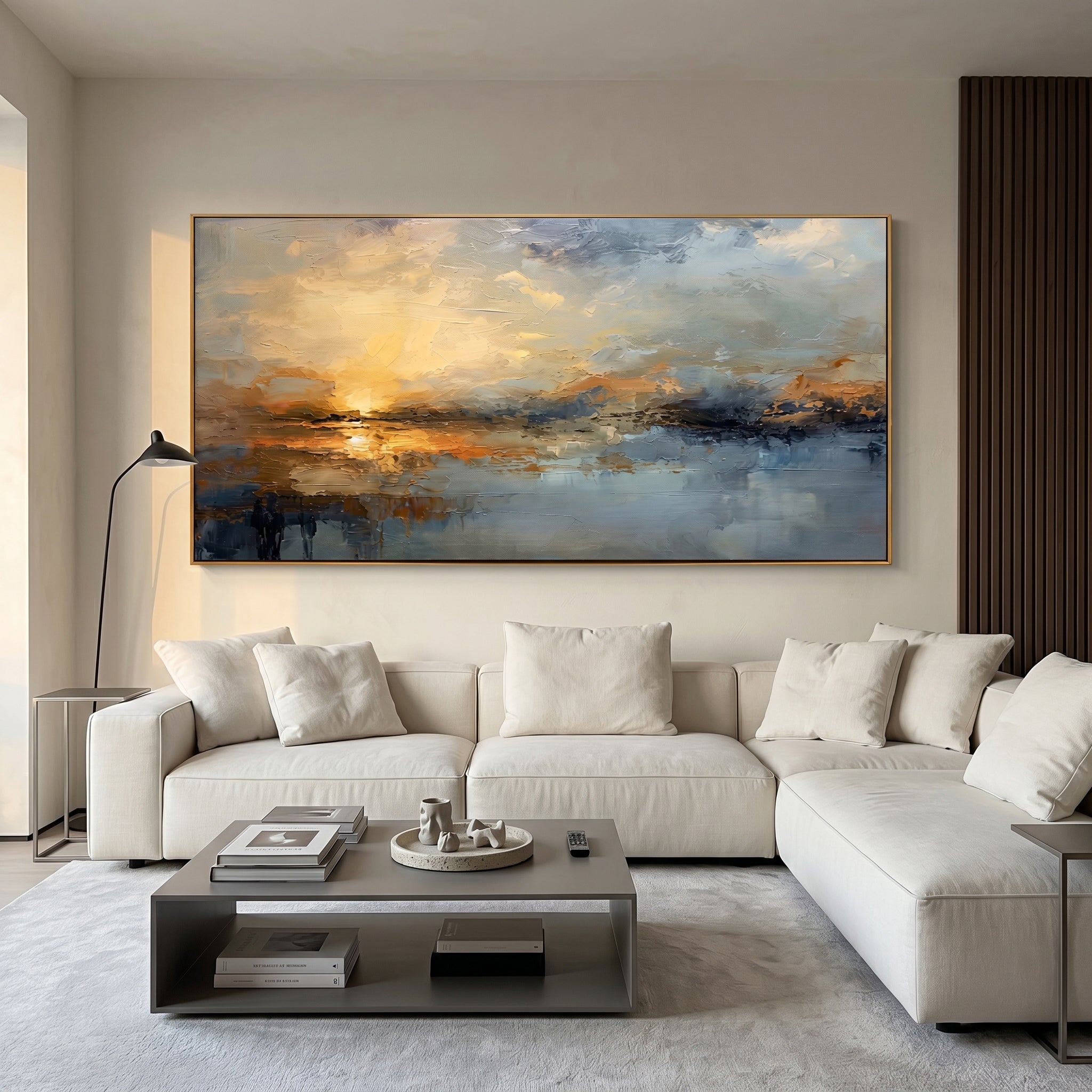 "Serene Horizon" – Abstract Impressionist Golden Seascape Canvas | Minimalist Bedroom Wall Art