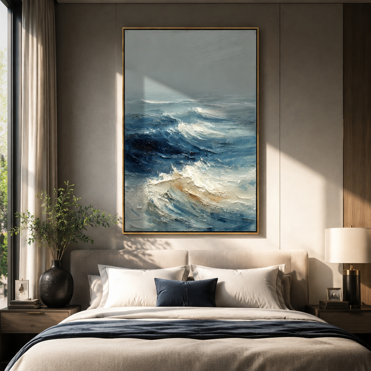 "Tempestuous Ocean Swell" – Modern Heavy Impasto Seascape | 3D Blue & Foamy White Palette Knife Painting | Luxury Vertical Wall Art#PT 002