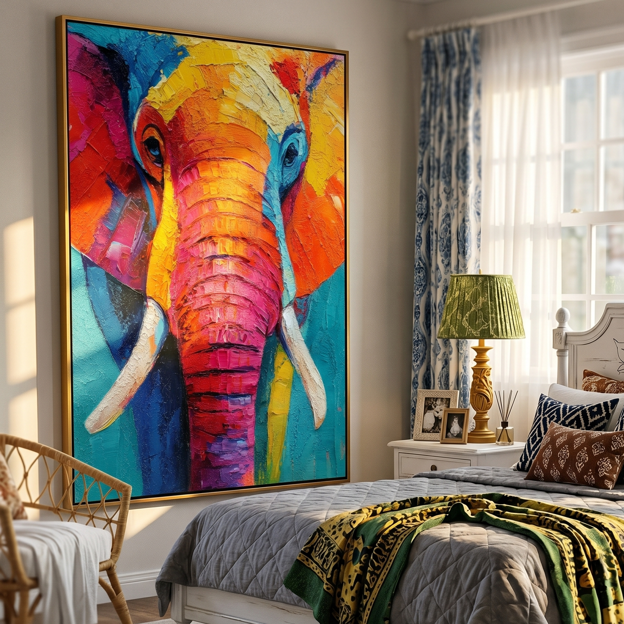 "Colorful Pachyderm Spirit" – Expressive Impasto Animal Artwork | Tactile Vibrant Elephant Canvas | Luxury Statement Vertical Wall Art#AN 001
