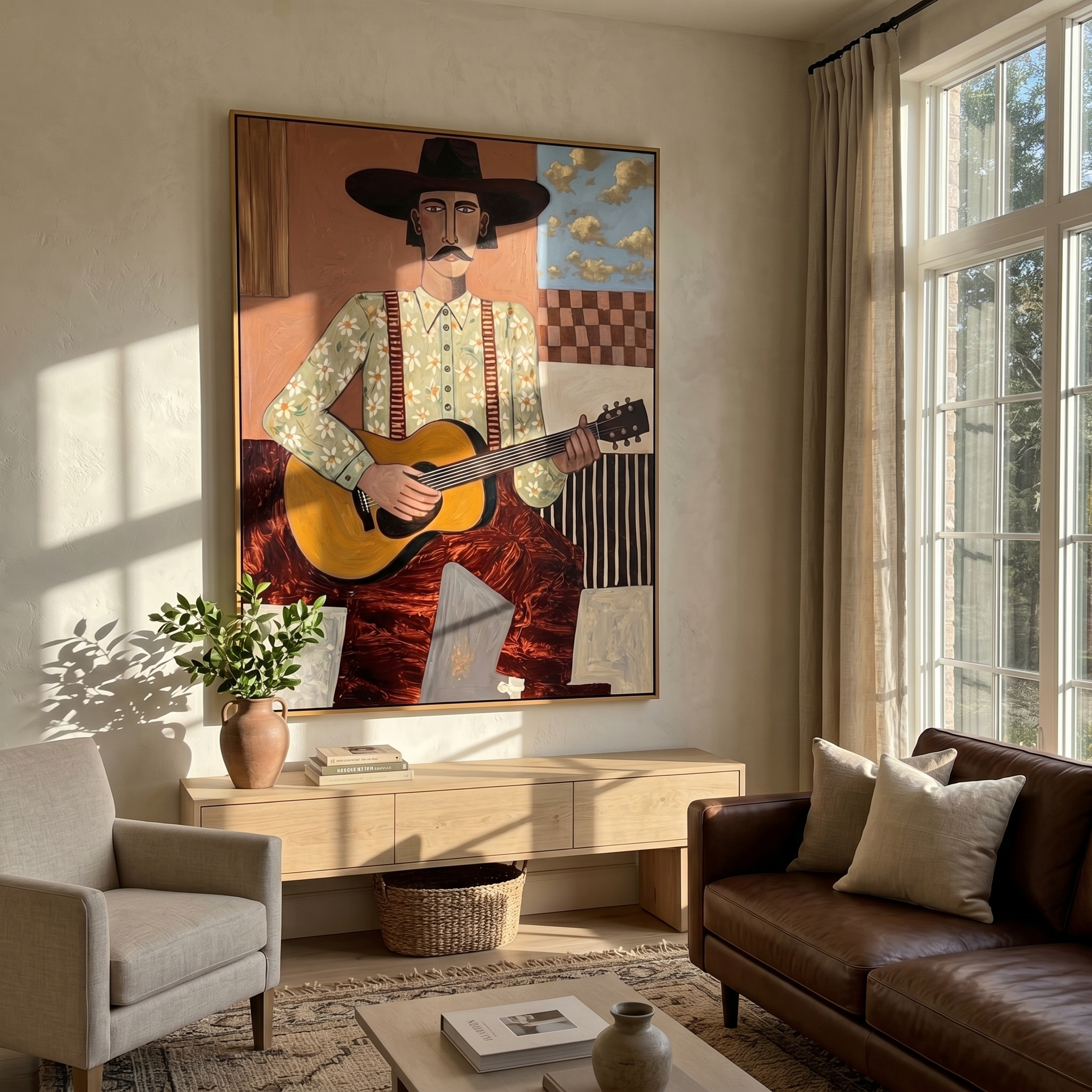 "The Western Balladeer" – Folk Impasto Portrait Art | 3D Terracotta & Sage Palette Knife Painting | Luxury Vertical Wall Art #PE 012