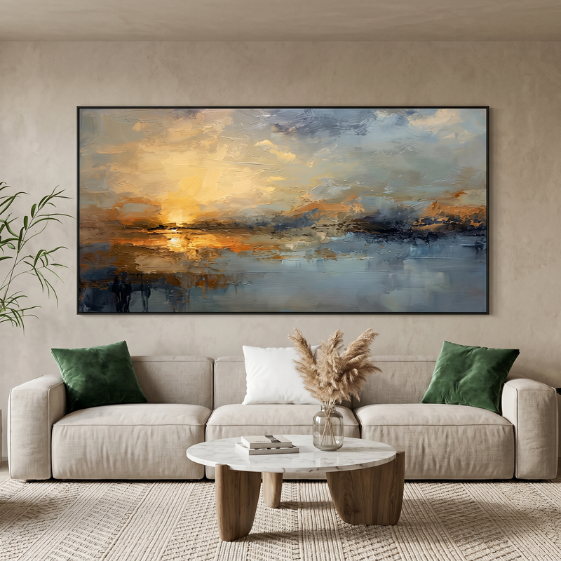 "Serene Horizon" – Abstract Impressionist Golden Seascape Canvas | Minimalist Bedroom Wall Art