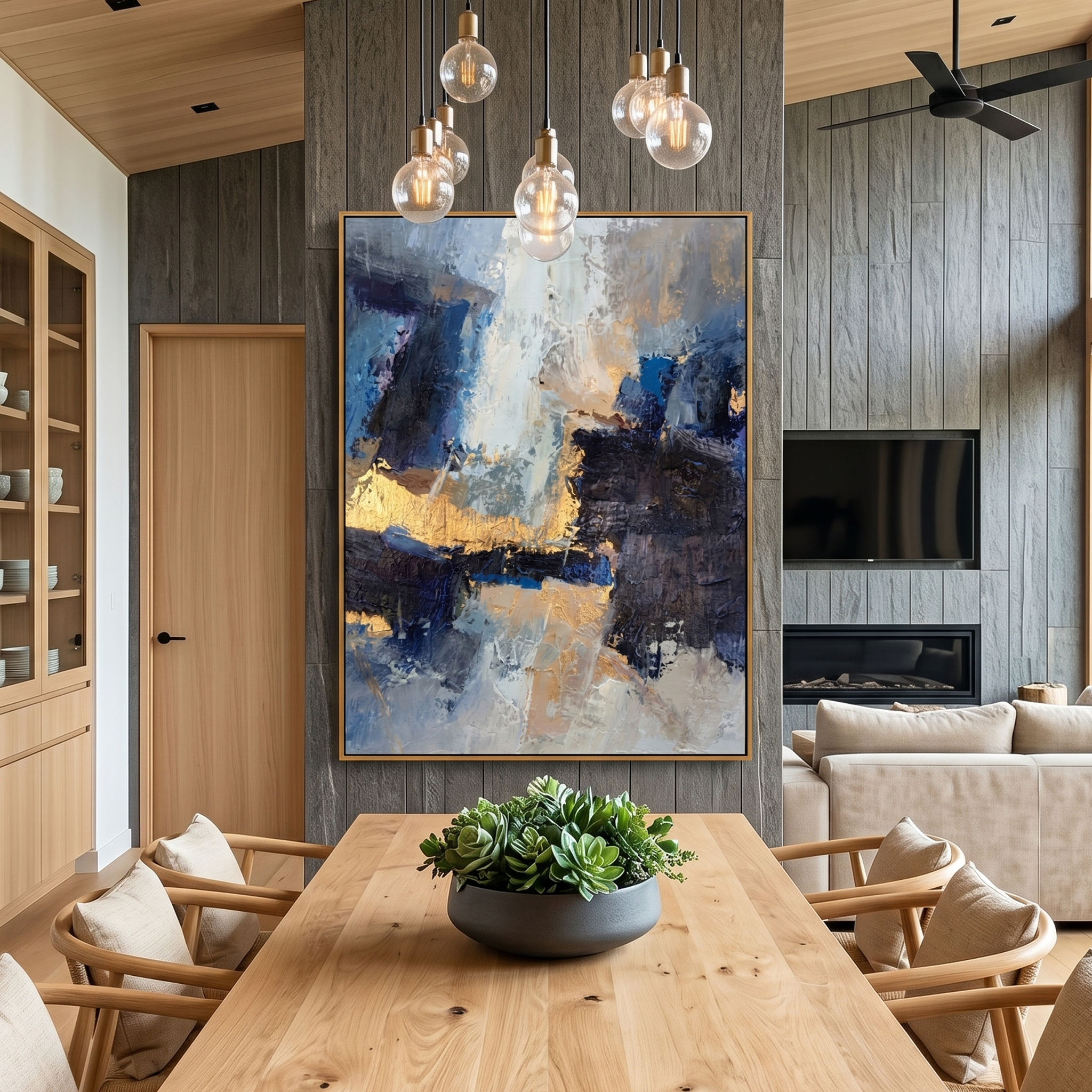 "Golden Abyss" – Modern Abstract Navy & Gold Impasto Oil Painting | Luxury Office Wall Art
