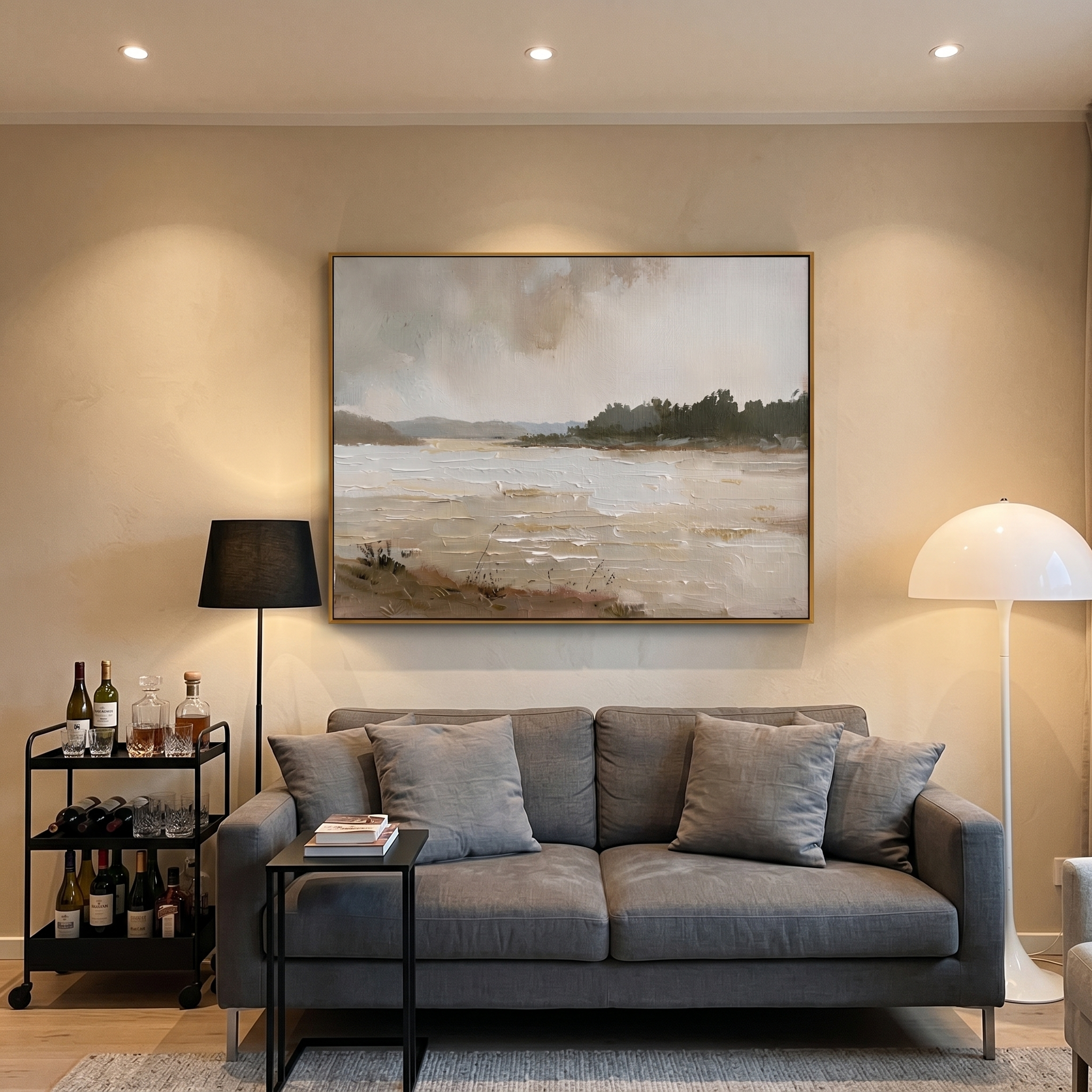 "Rustic Reverie" – Impressionist Neutral Lakeside Landscape Painting | Serene Farmhouse Wall Decor