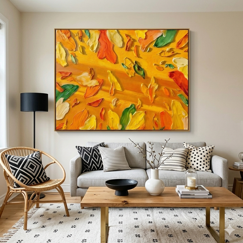 "Golden Radiance" – Sun-Drenched Impasto Abstract Floral | Vibrant Dining Area Statement Art