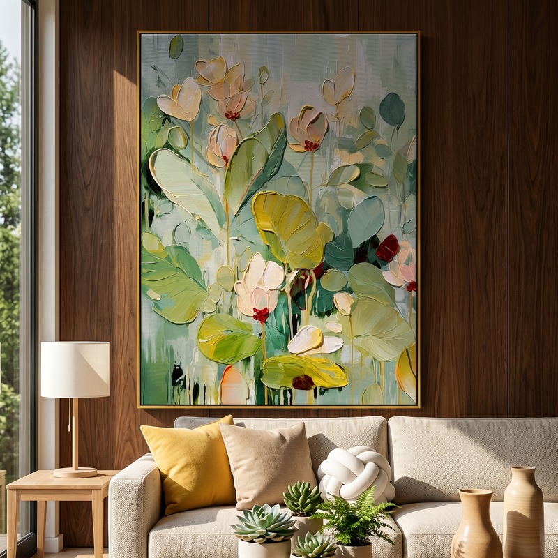 "Silent Bloom" – Expressionist Cream & Sage Impasto Floral Canvas | Serene Bedroom Art