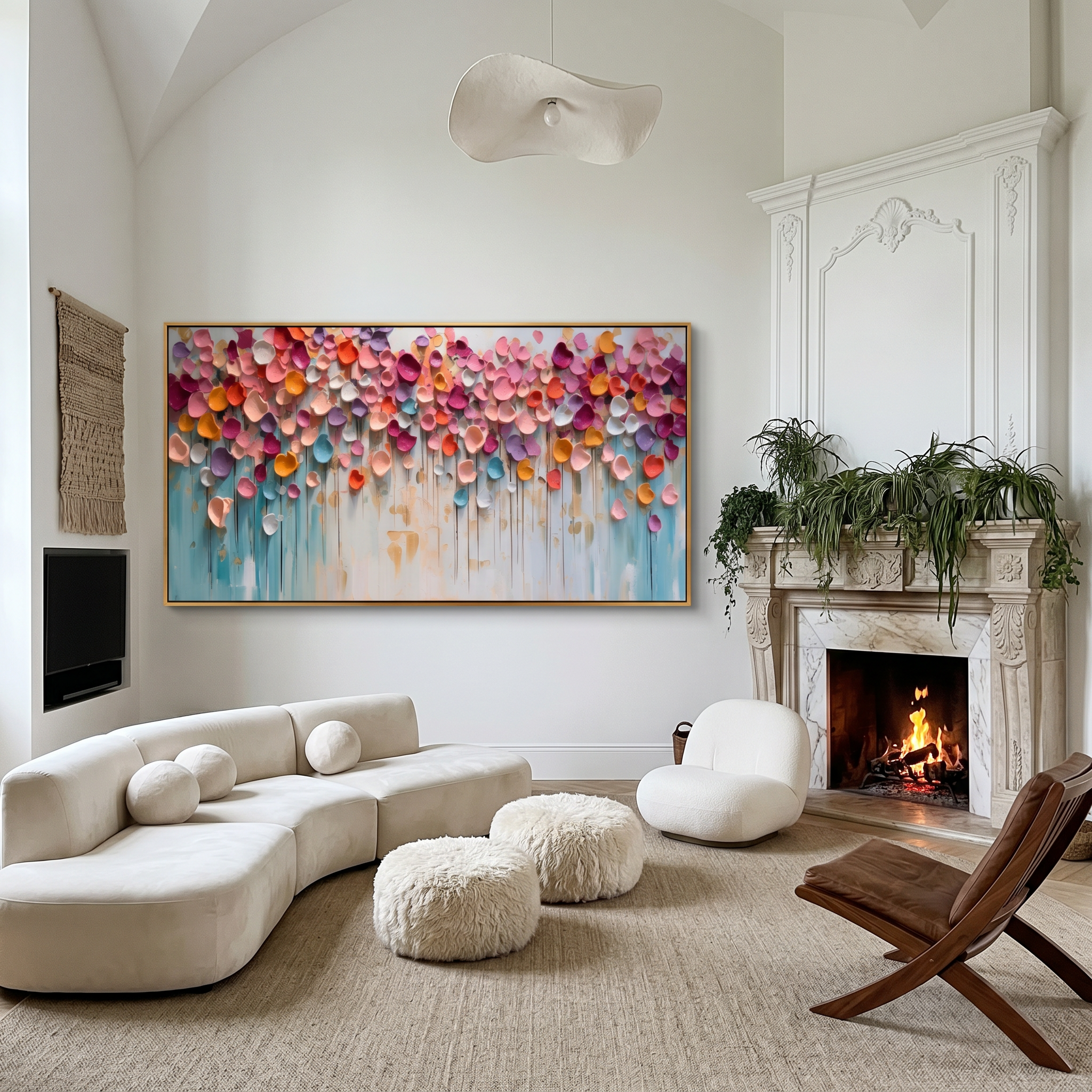 "Joyful Burst" – Modern 3D Impasto Abstract Petal Painting | Vibrant Horizontal Living Room Wall Art