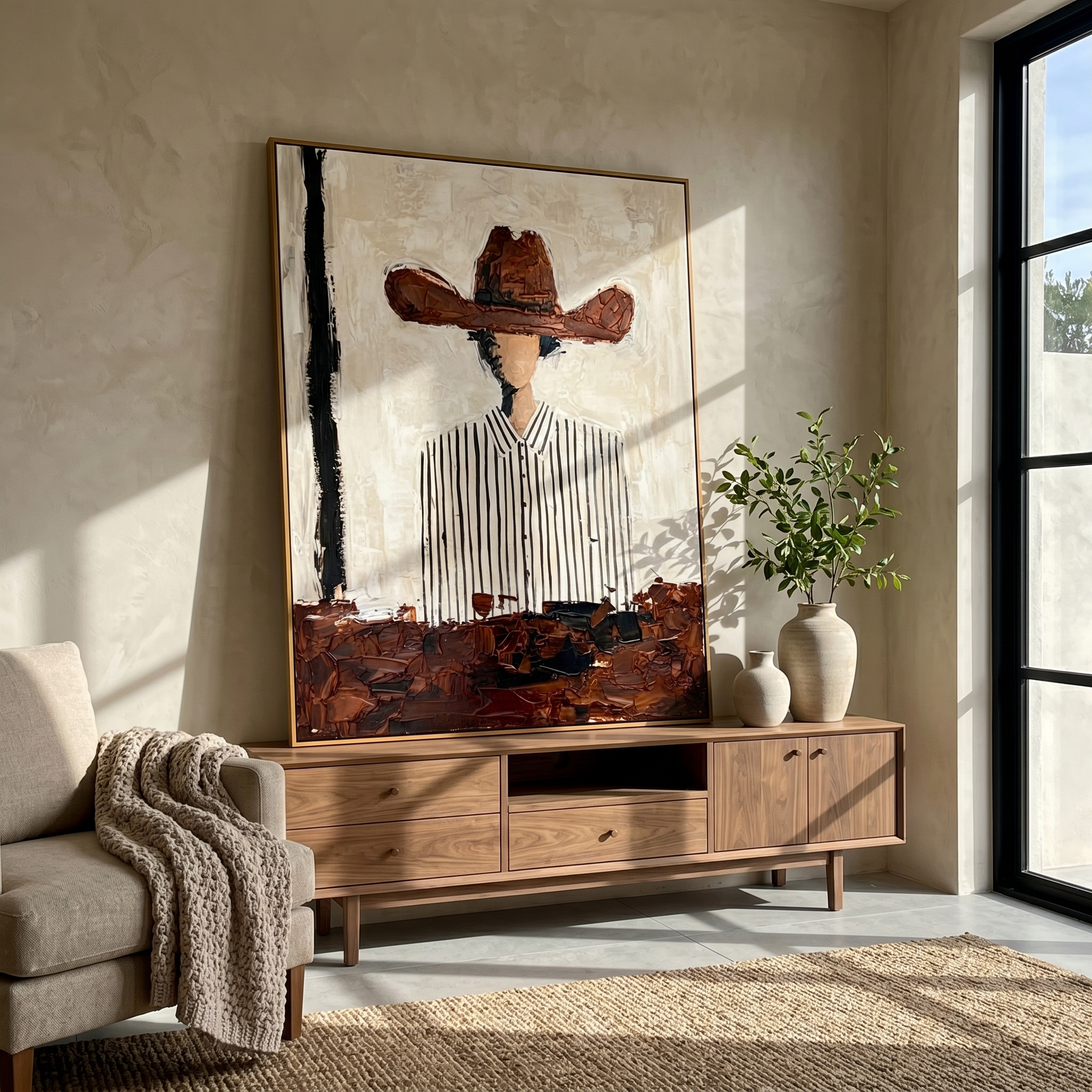 "Modern Cowboy in Stripes" – Contemporary Heavy Impasto Portrait | 3D Cinnamon & Cream Palette Knife Painting | Luxury Vertical Wall Art #PE 011