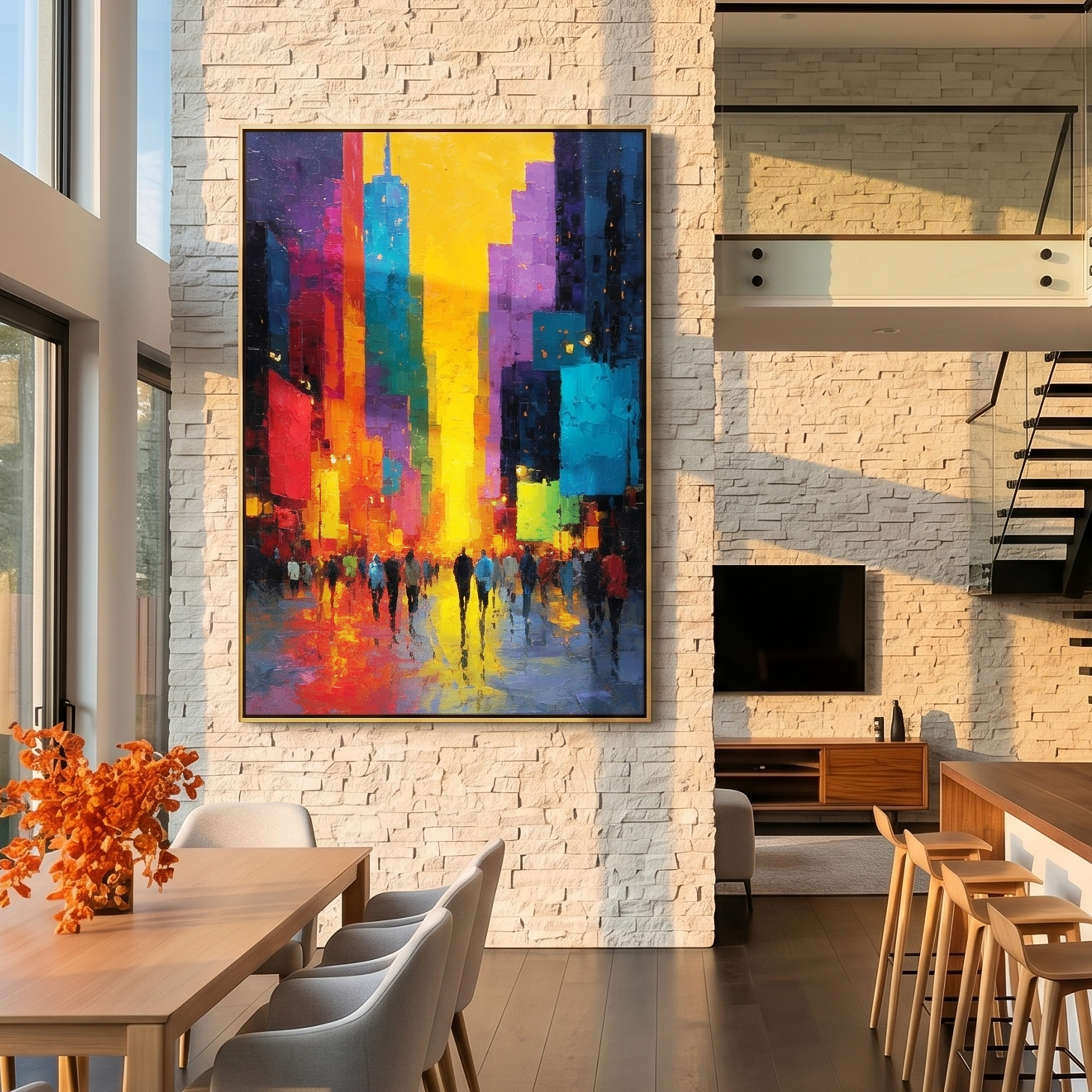 "Neon City Rush" – Modern Heavy Impasto Abstract Cityscape | 3D Vibrant Sunset Palette Knife Painting | Luxury Vertical Wall Art#PT 001