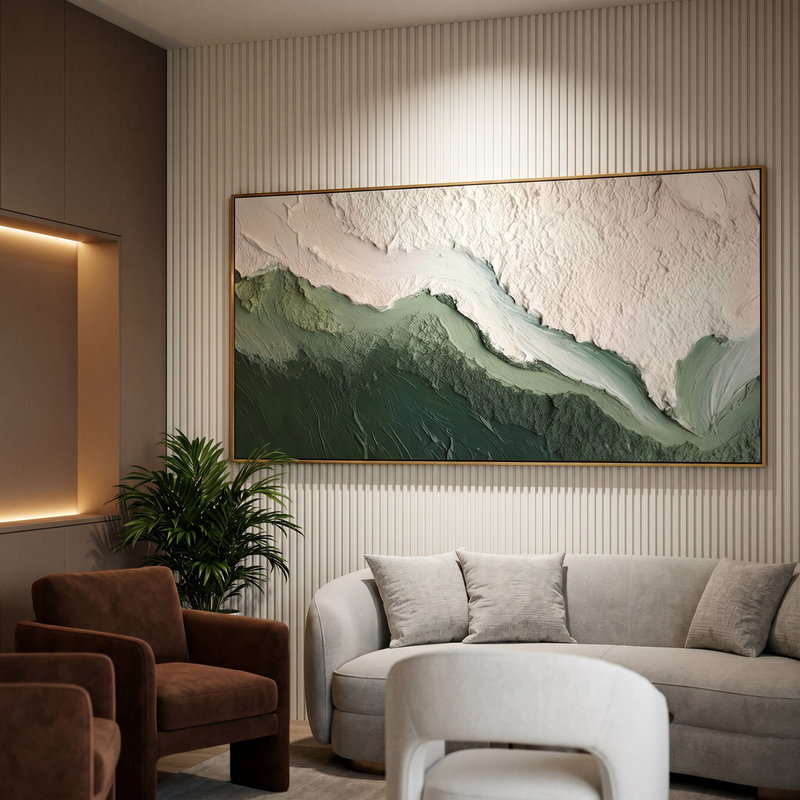 "Earthy Silence" – Minimalist Sage Green Heavy Impasto Abstract | Master Bedroom Statement Art