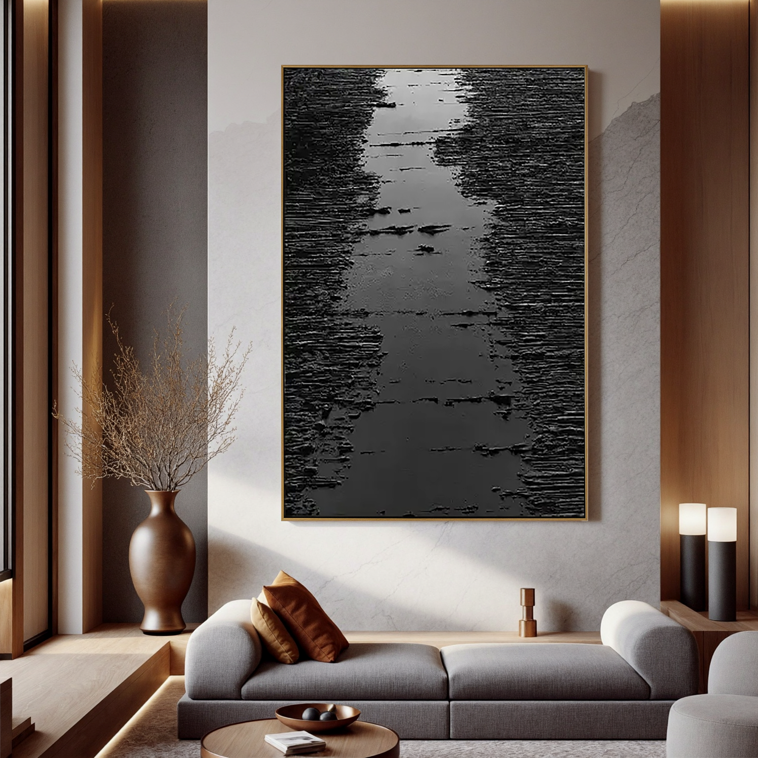 "Abstract Form" - 3D Heavy Impasto Plaster Relief | Black Plaster Texture Statement Art
