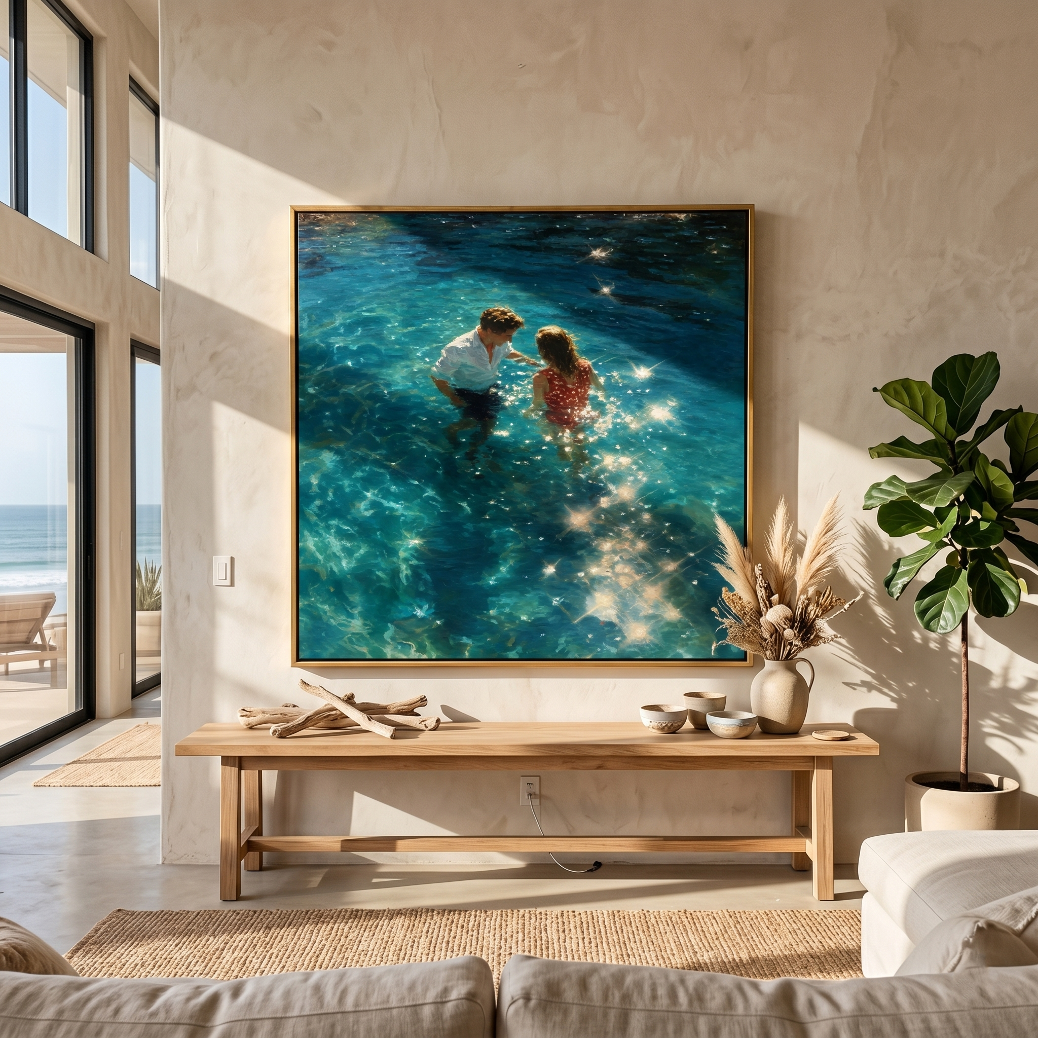 "Sunlit Water Embrace" – Modern Heavy Impasto Figurative Art | 3D Turquoise & Gold Palette Knife Painting | Luxury Square Wall Art#LC 004