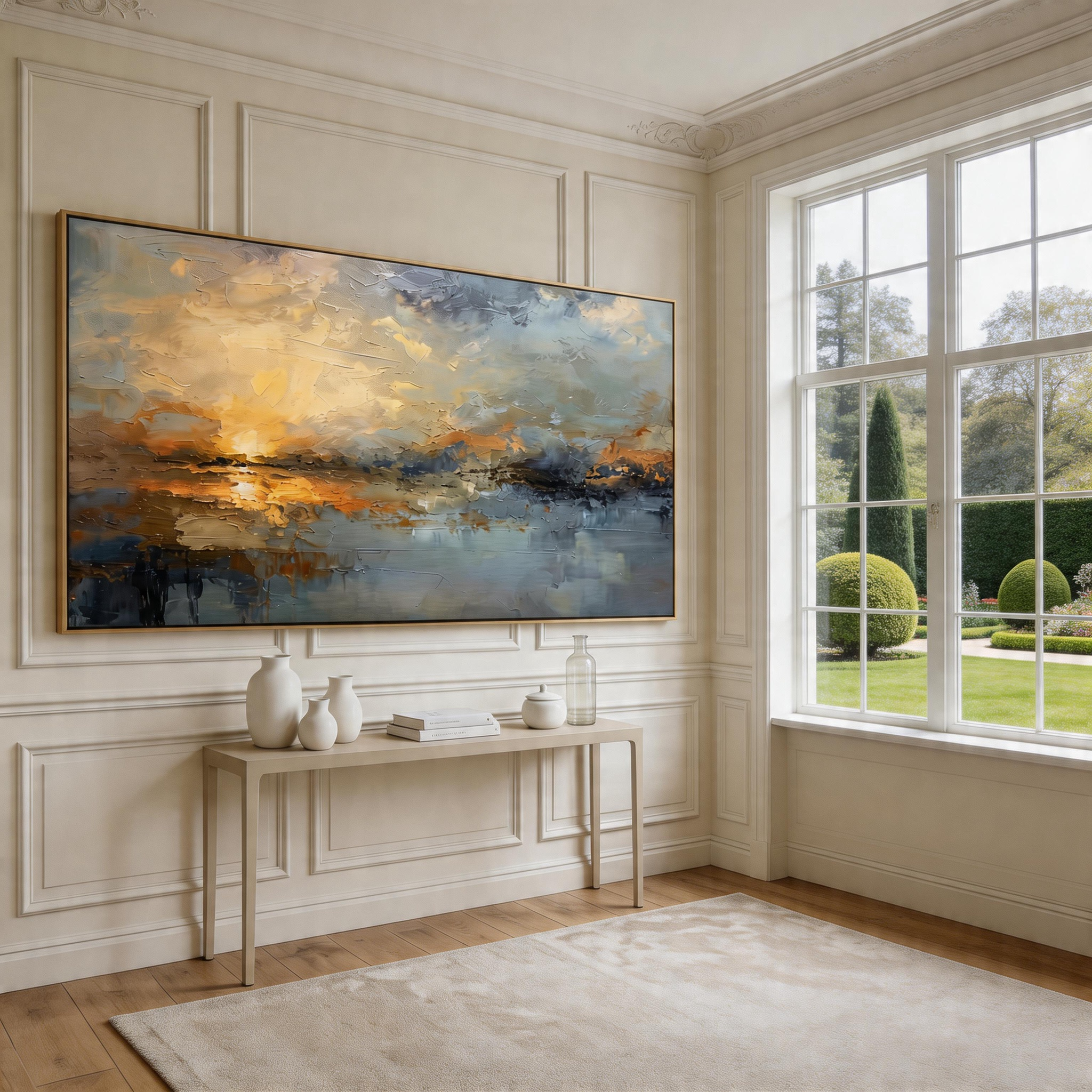 "Serene Horizon" – Abstract Impressionist Golden Seascape Canvas | Minimalist Bedroom Wall Art