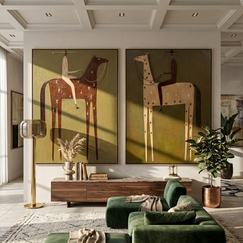 “Ethereal Riders of Twilight” — 3D Textured Abstract Western Rider Wall Art Set | Muted Olive & Earthy Tones Framed Diptych#VA627