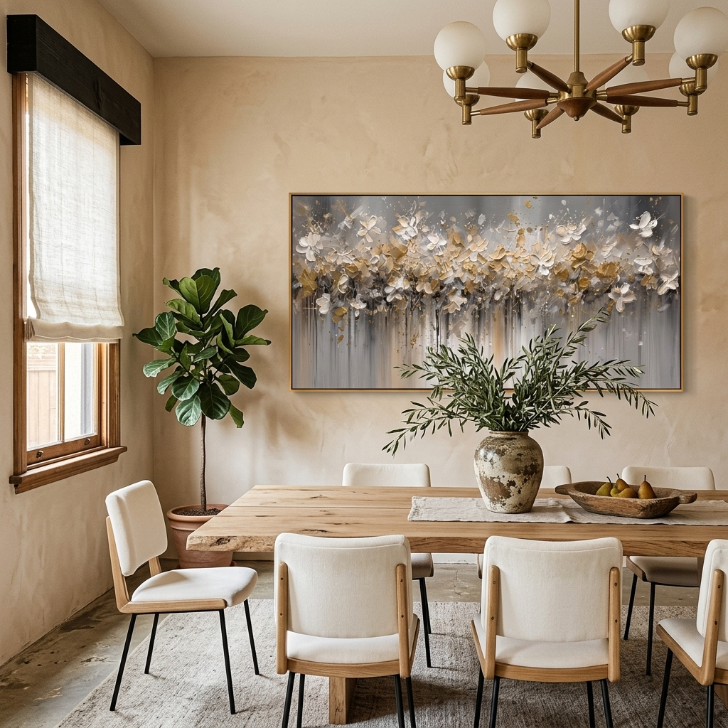 "Gilded Meadow" – Modern Abstract Gold Foil Impasto Floral Painting | Panoramic Living Room Centerpiece