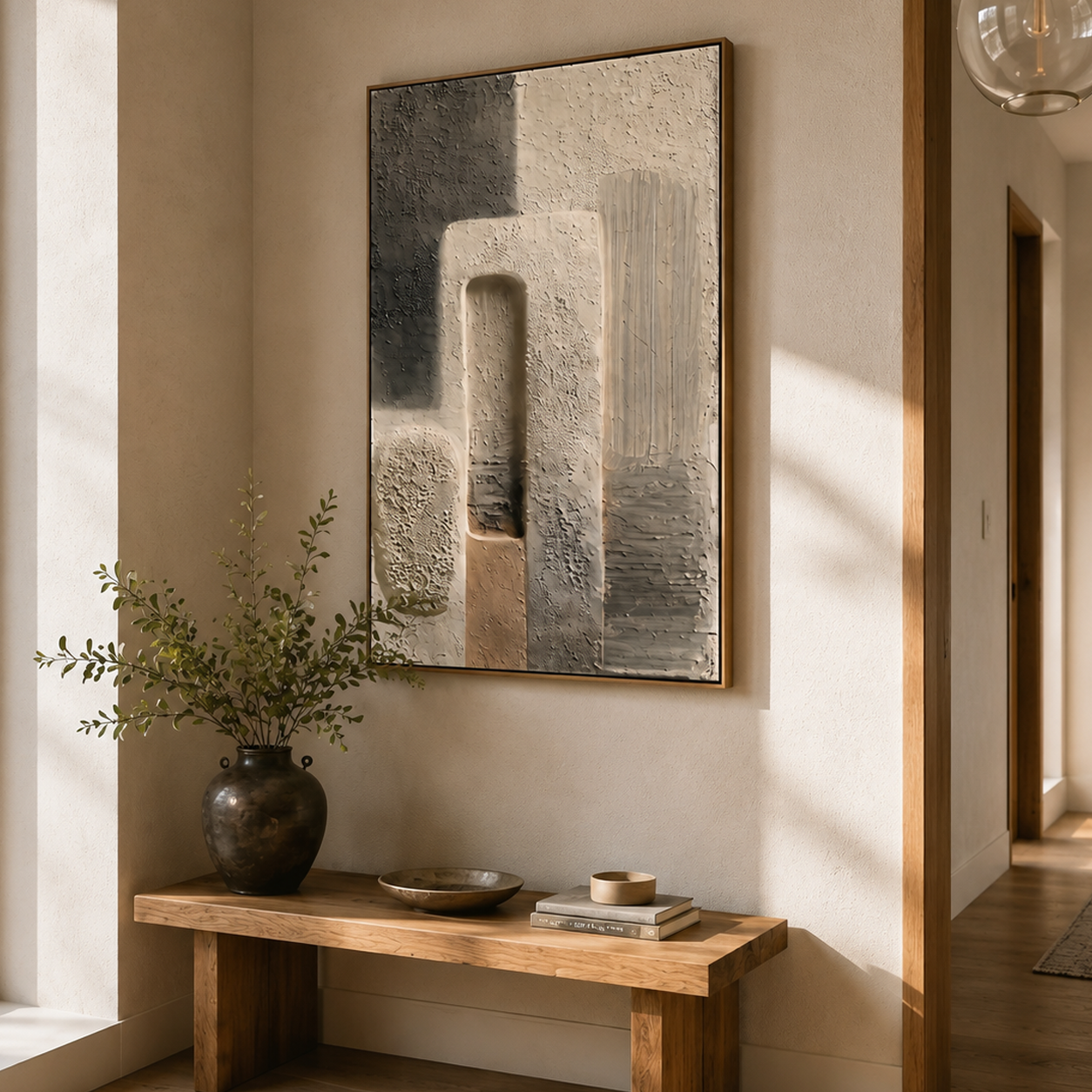 "Neutral Tones Geometry" – Modern Heavy Impasto Abstract | 3D Beige & Taupe Palette Knife Painting | Luxury Vertical Wall Art#PT 004