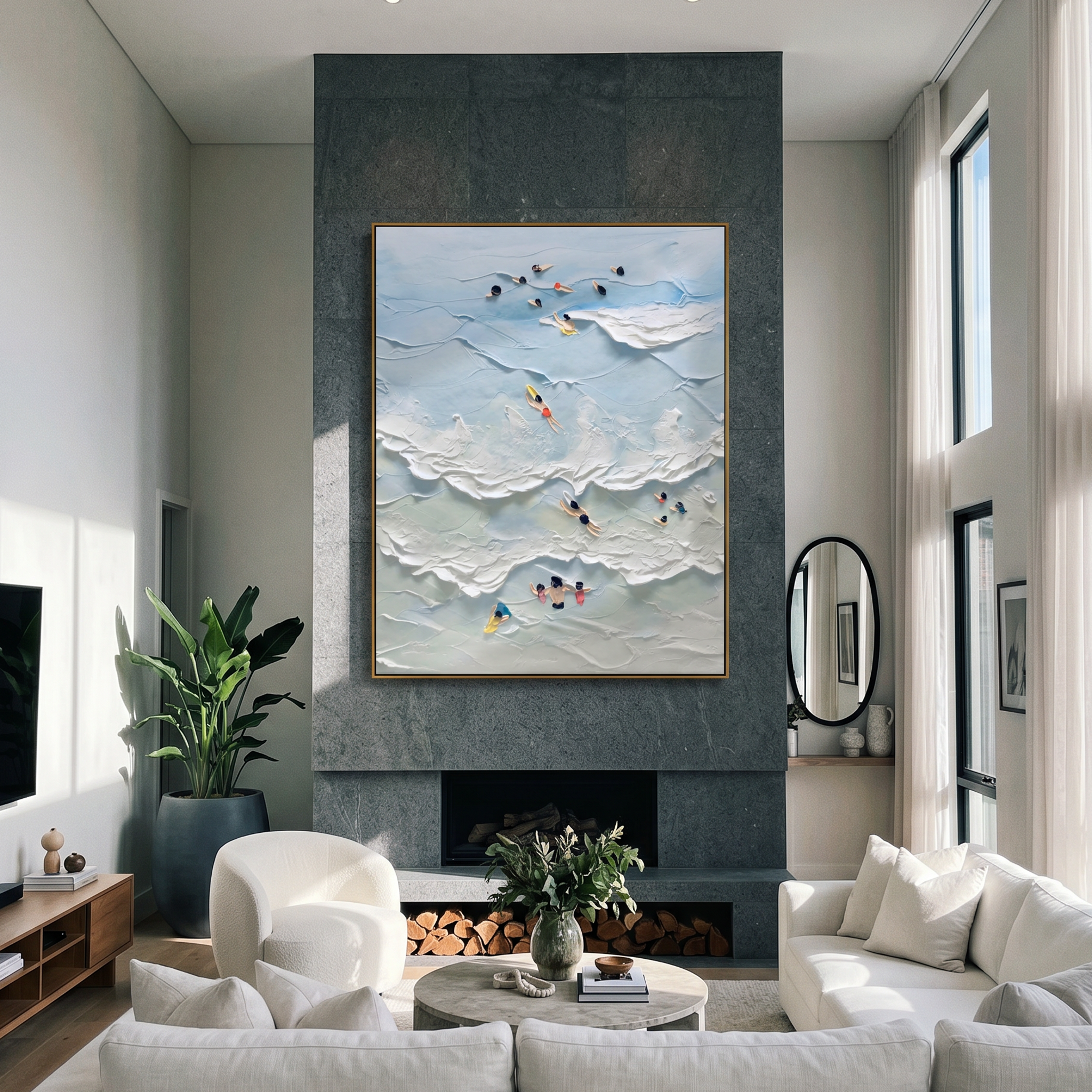 "Playful Tides" – Whimsical 3D Aerial Beach Impasto Canvas Art | Bright Coastal Living Room Decor