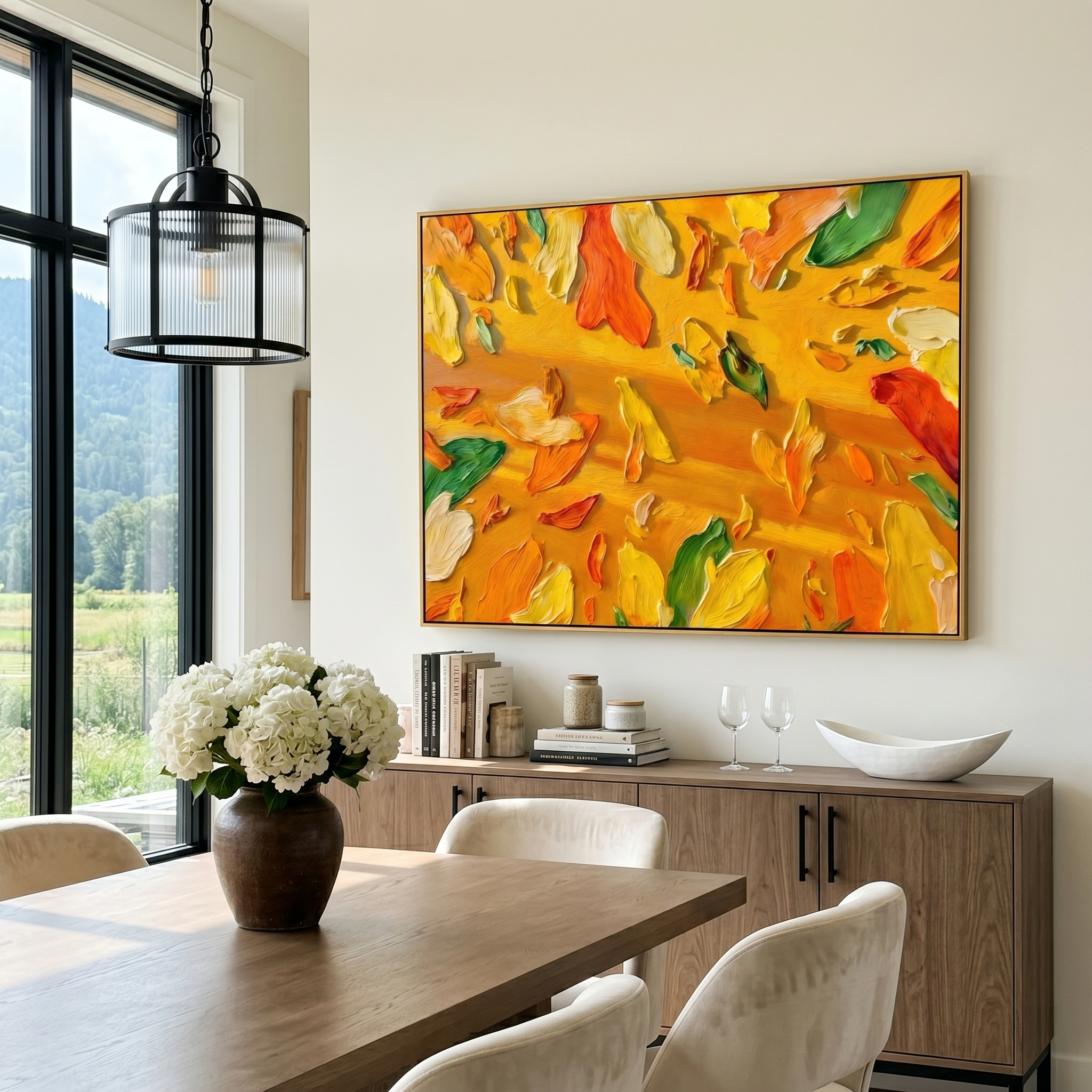 "Golden Radiance" – Sun-Drenched Impasto Abstract Floral | Vibrant Dining Area Statement Art