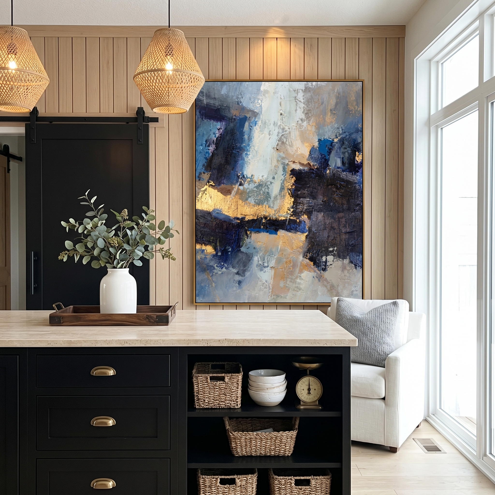 "Golden Abyss" – Modern Abstract Navy & Gold Impasto Oil Painting | Luxury Office Wall Art
