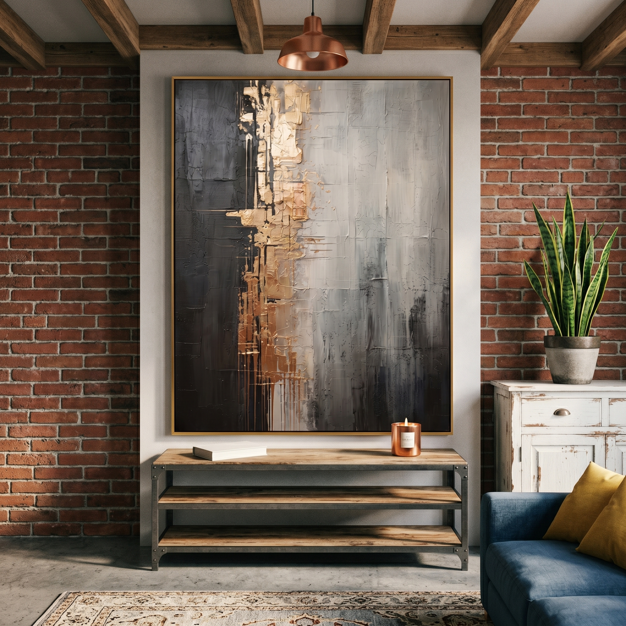 "Gilded Fissure" – Industrial Gold & Charcoal Abstract Oil Painting | Sophisticated Executive Office Art