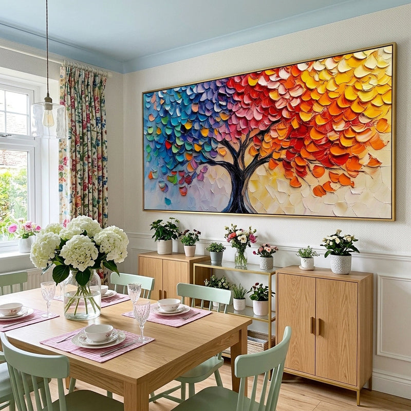"Vibrant Awakening" – Rainbow Impasto Tree of Life Oil Painting | Modern Living Room Wall Art