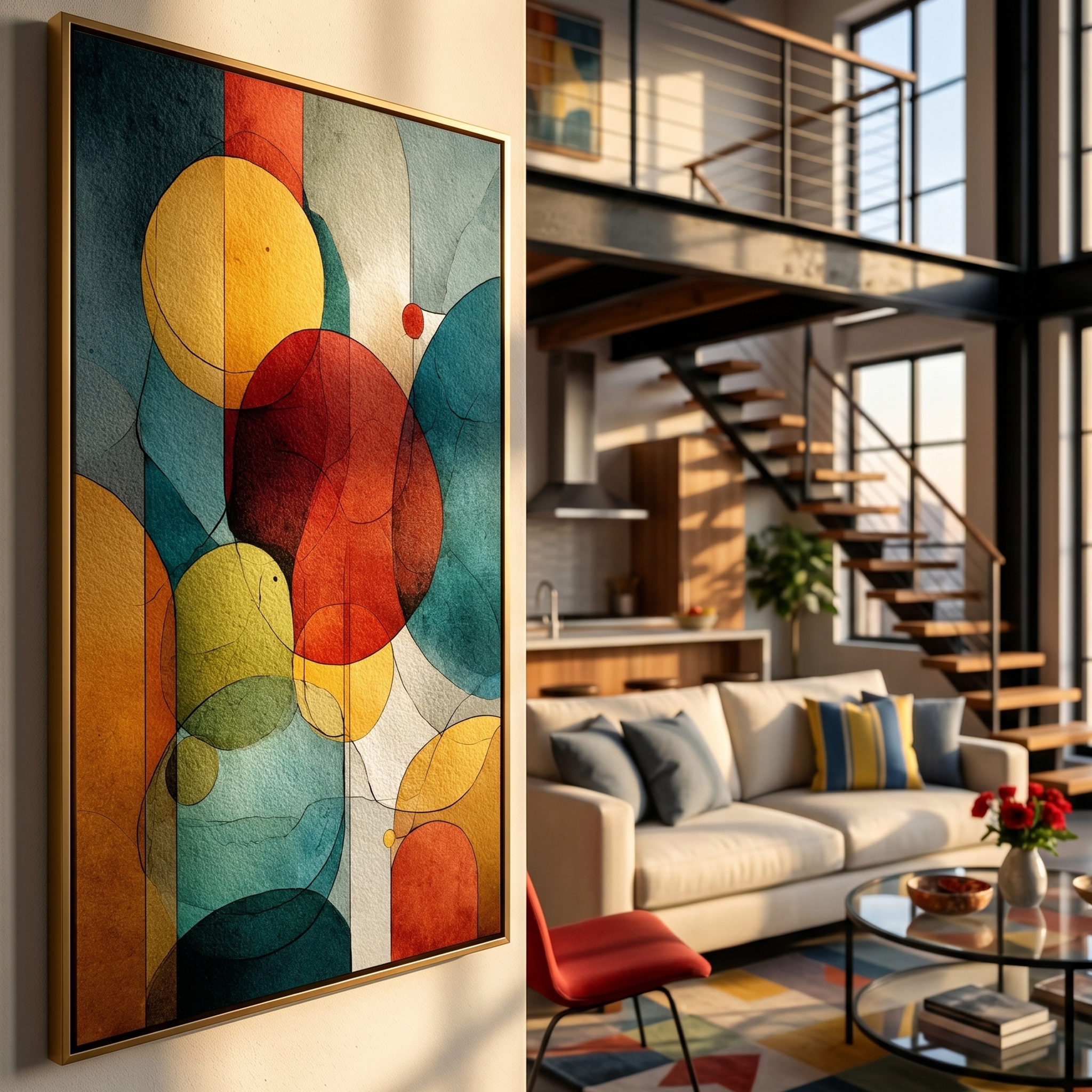 "Vintage Abstract Shapes" – Textured Mid-Century Modern Art | Earthy Teal, Red & Gold Impasto Painting | Contemporary Vertical Wall Decor#PT 003