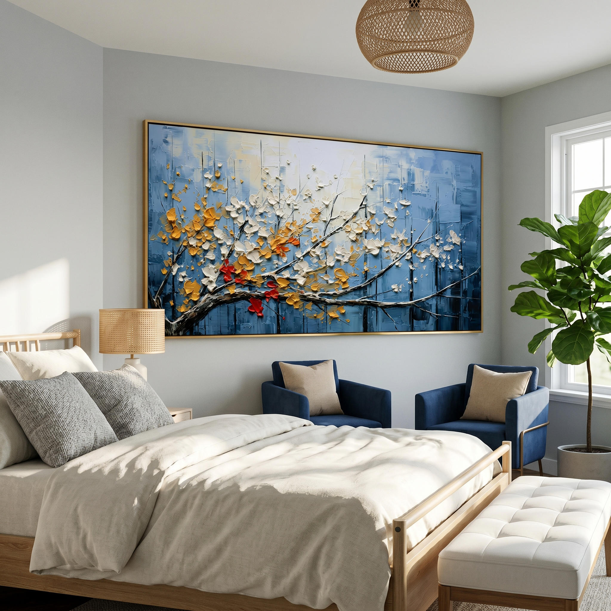 "Golden Breath" – Impressionist Textured Blossom Branch | Serene Over-Sofa Statement Art