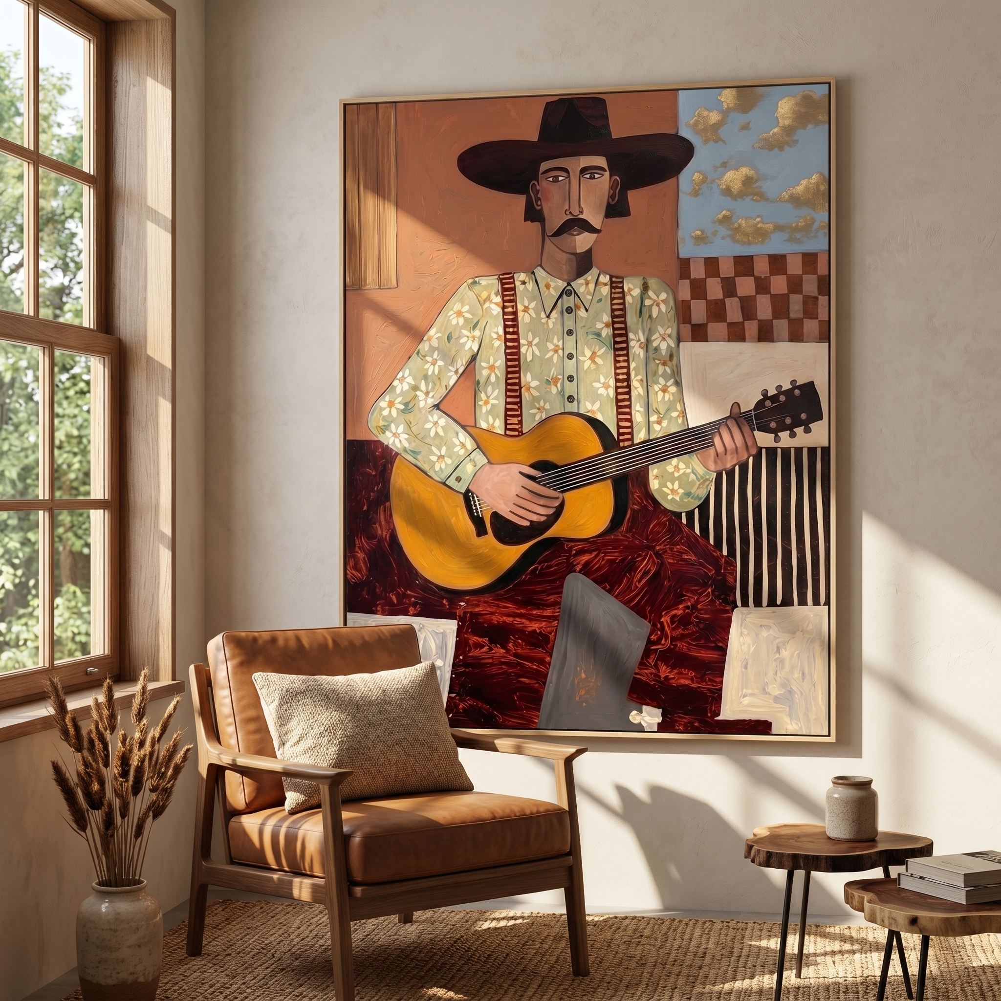 "The Western Balladeer" – Folk Impasto Portrait Art | 3D Terracotta & Sage Palette Knife Painting | Luxury Vertical Wall Art #PE 012