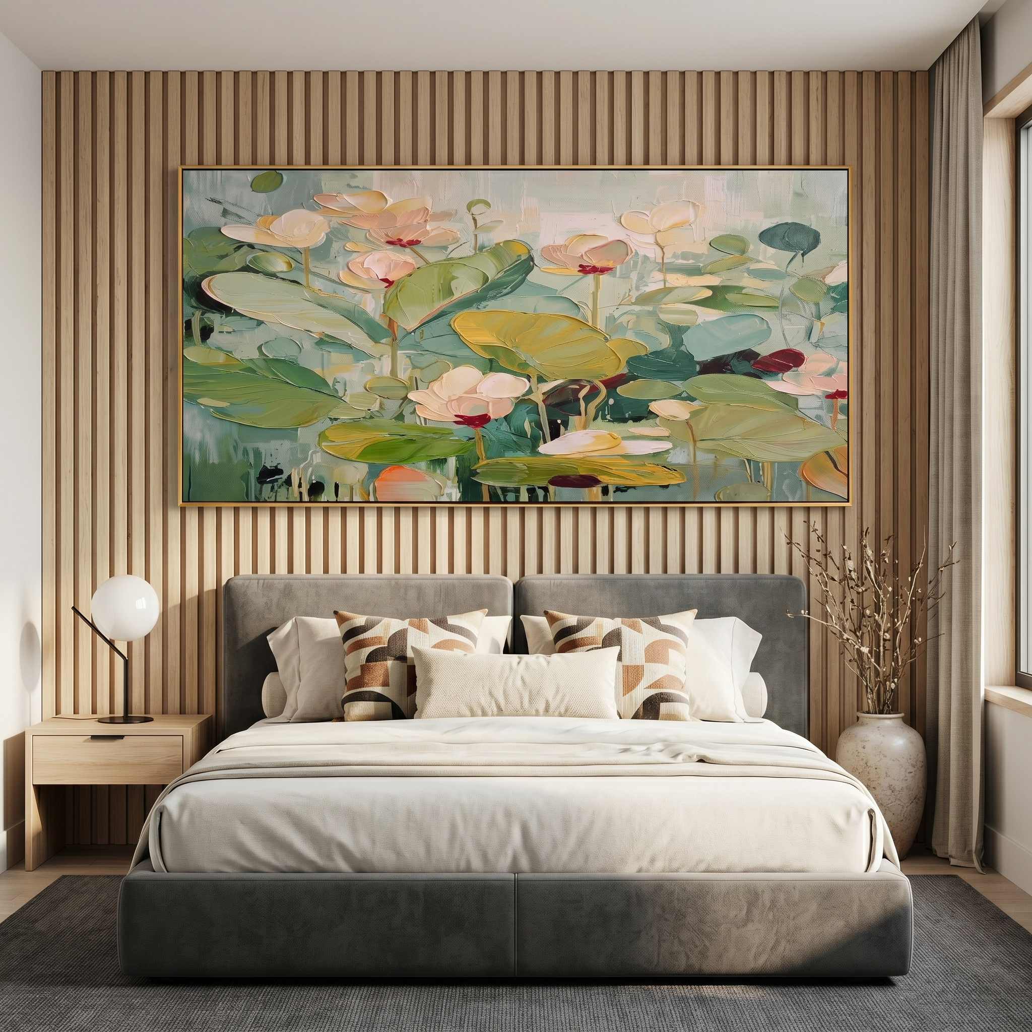 "Botanical Serenity" – Impressionist Lotus Floral Impasto Canvas Art | Elegant Dining Room Decor